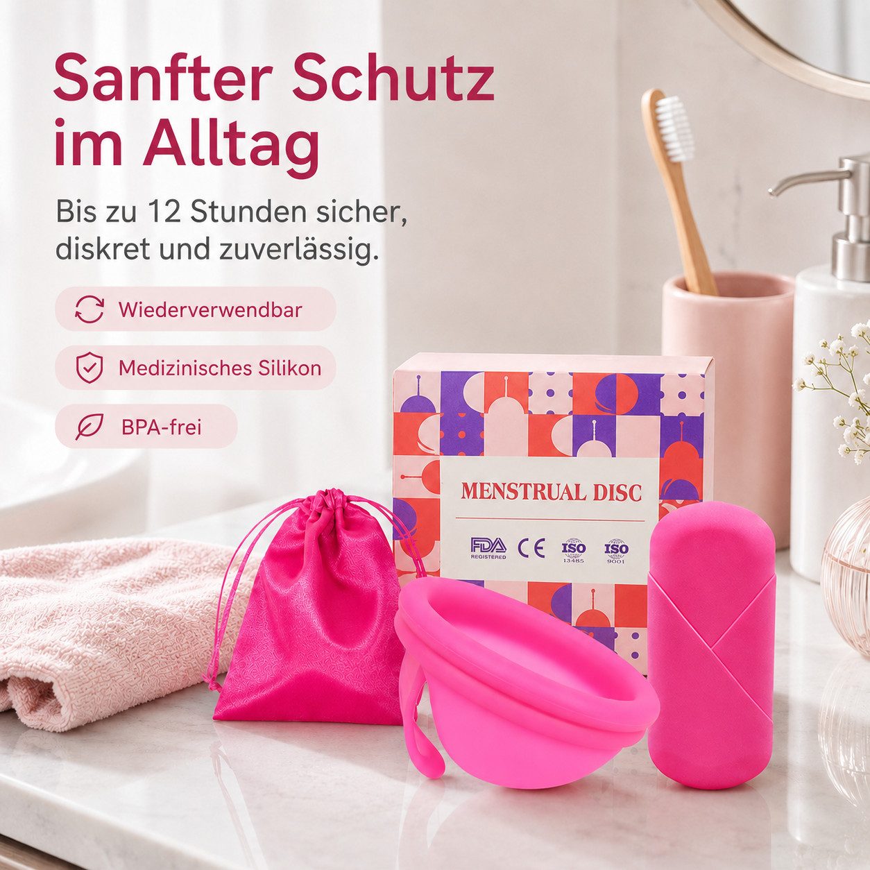 Tekoo Menstruationstasse Menstruationsdisc Set mit Aufbewahrungsbeutel Menstruationsdisk, 48 ml (entspricht ca. 4-5 Tampons), L Gr., 48 ml Kapazität für bis zu 12 Std. Schutz & 100% medizinisches Silikon