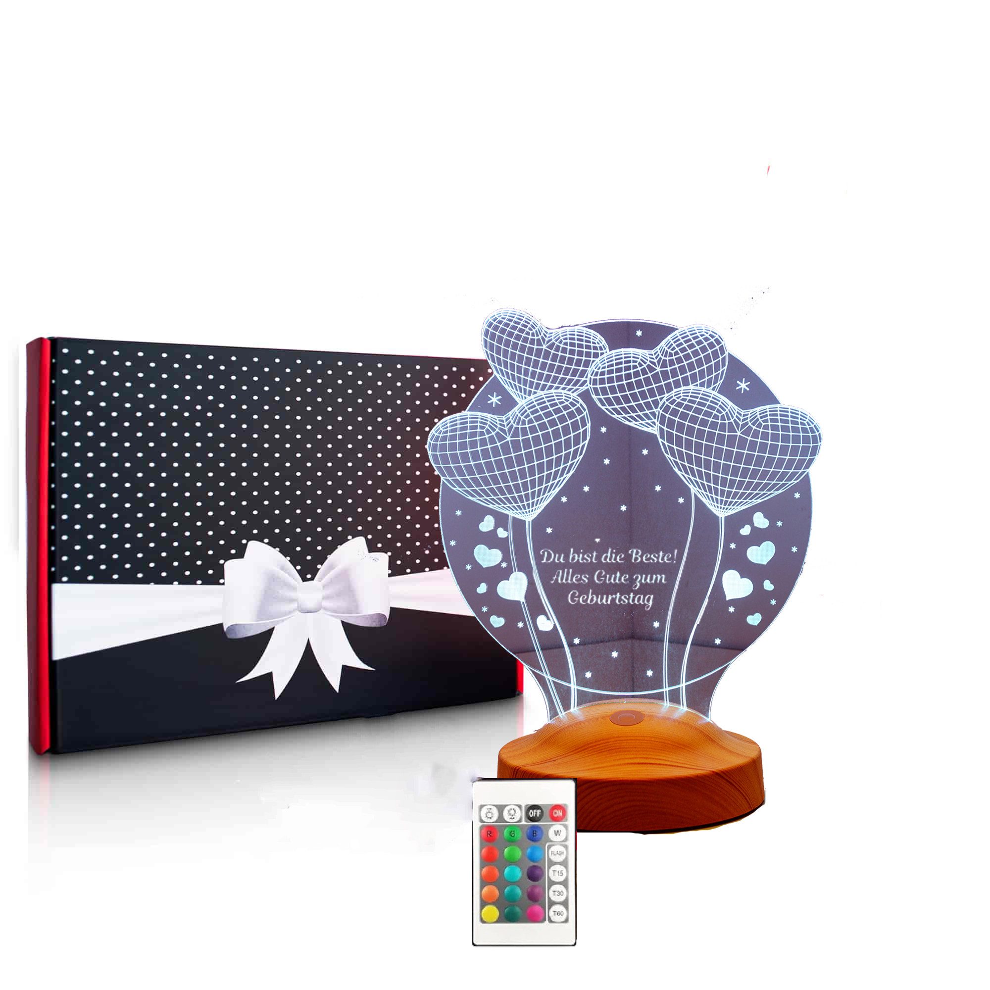 Geschenkelampe LED Nachttischlampe Ballon Herzen 3D Gravur mehrfarbiges Geburtstagsgeschenk, Leuchte 7 Farben fest integriert, Hochzeitsgeschenk für Partnerin, Freundin