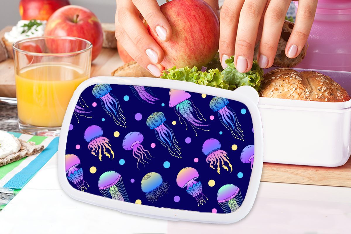 MuchoWow Lunchbox Quallen - Muster Regenbogen, - Kinder Erwachsene, für und Mädchen für Neon Jungs (2-tlg), - Brotdose, Brotbox und weiß Kunststoff