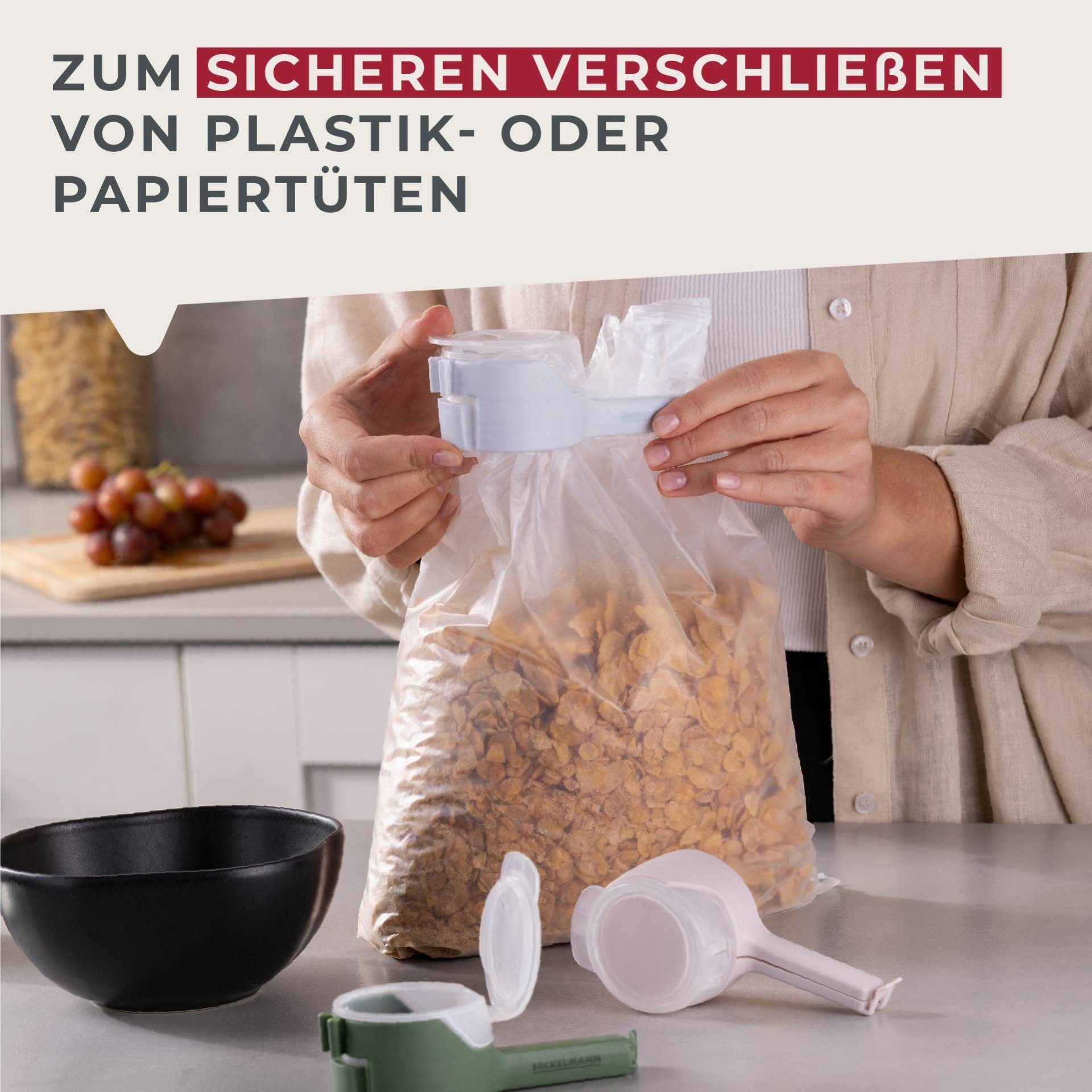 FACKELMANN Burgerpresse Tütenclips mit Ausgießfunktion, Verschlussclips, Beutel-Versiegelung