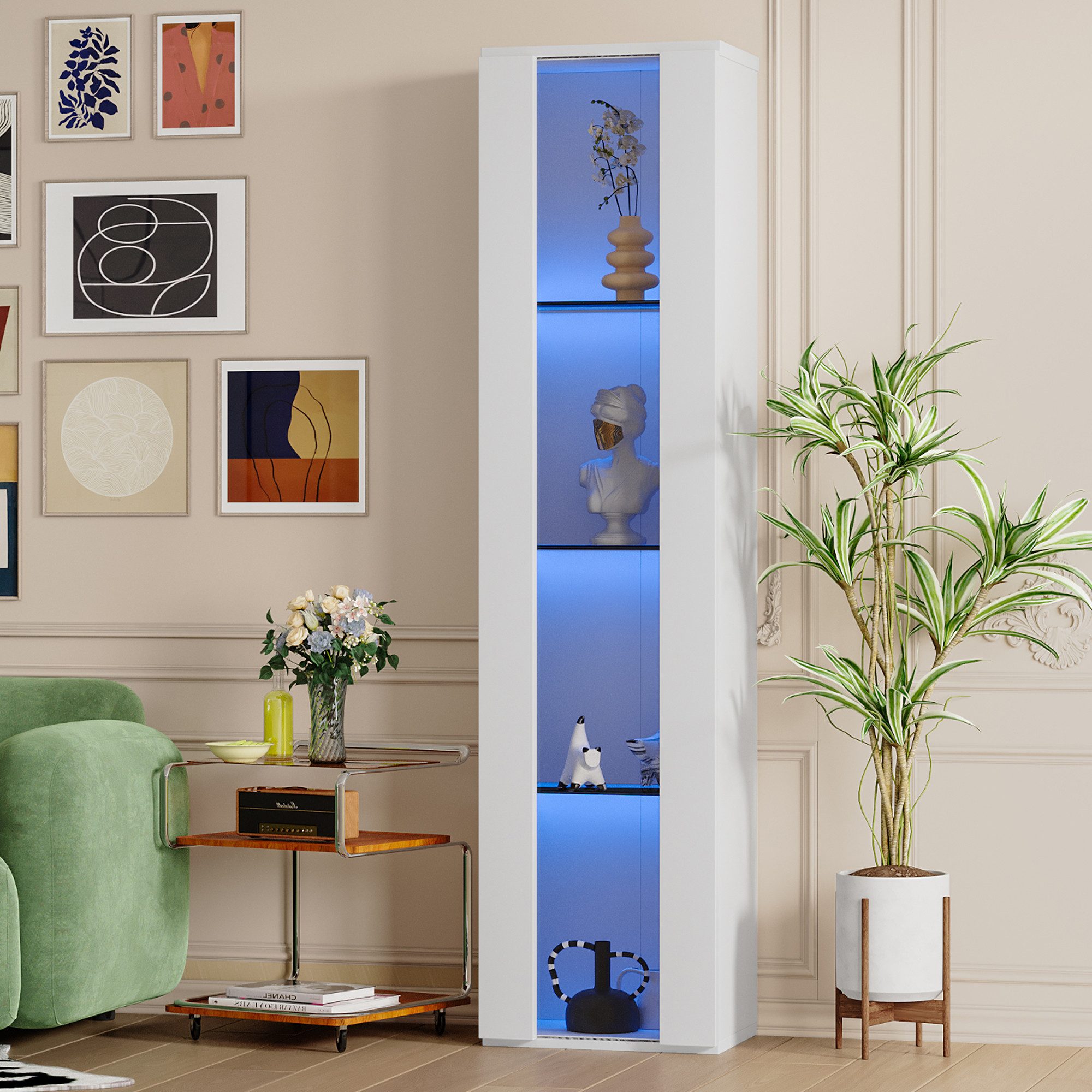 Fine Life Pro Eckvitrine Multifunktionale Vitrine 40x29x170cm Weiß mit Glastrennwand