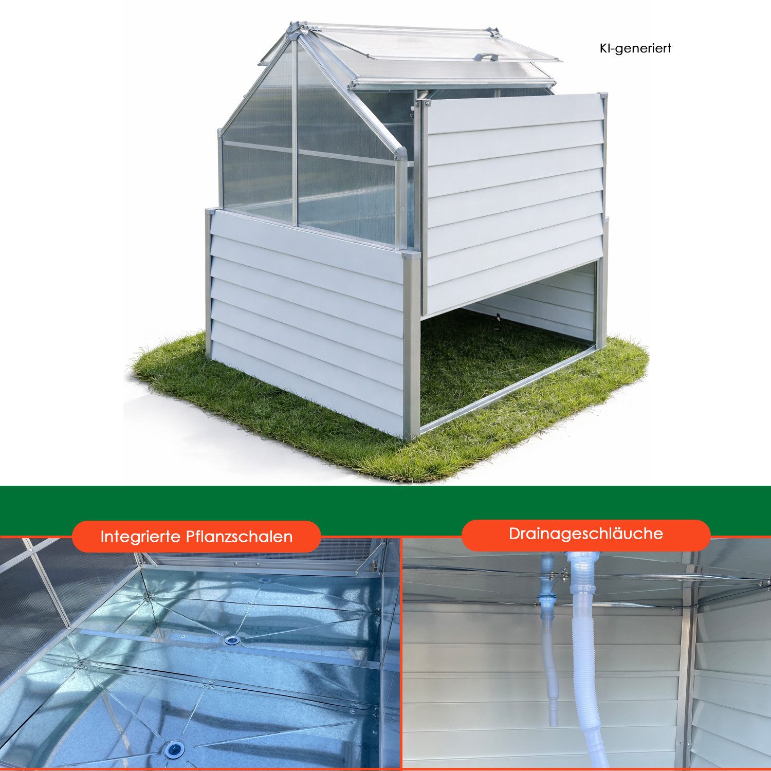 Powertec Garden Hochbeet mit Dach Anzuchtbeet Pflanzbeet Metall Frühbeet Gemüsebeet Gewächshaus, Pflanzschalen mit Drainage, Alu & Stahl galvanisiert – Bild 4 von 4