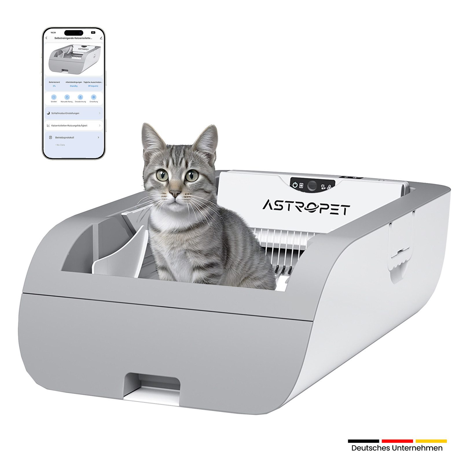 AstroPet Katzentoilette Selbstreinigendes Katzenklo Helios Series + Smart App Steuerung, Höhe: 24,8 cm, Breite: 47 cm, Länge: 76 cm