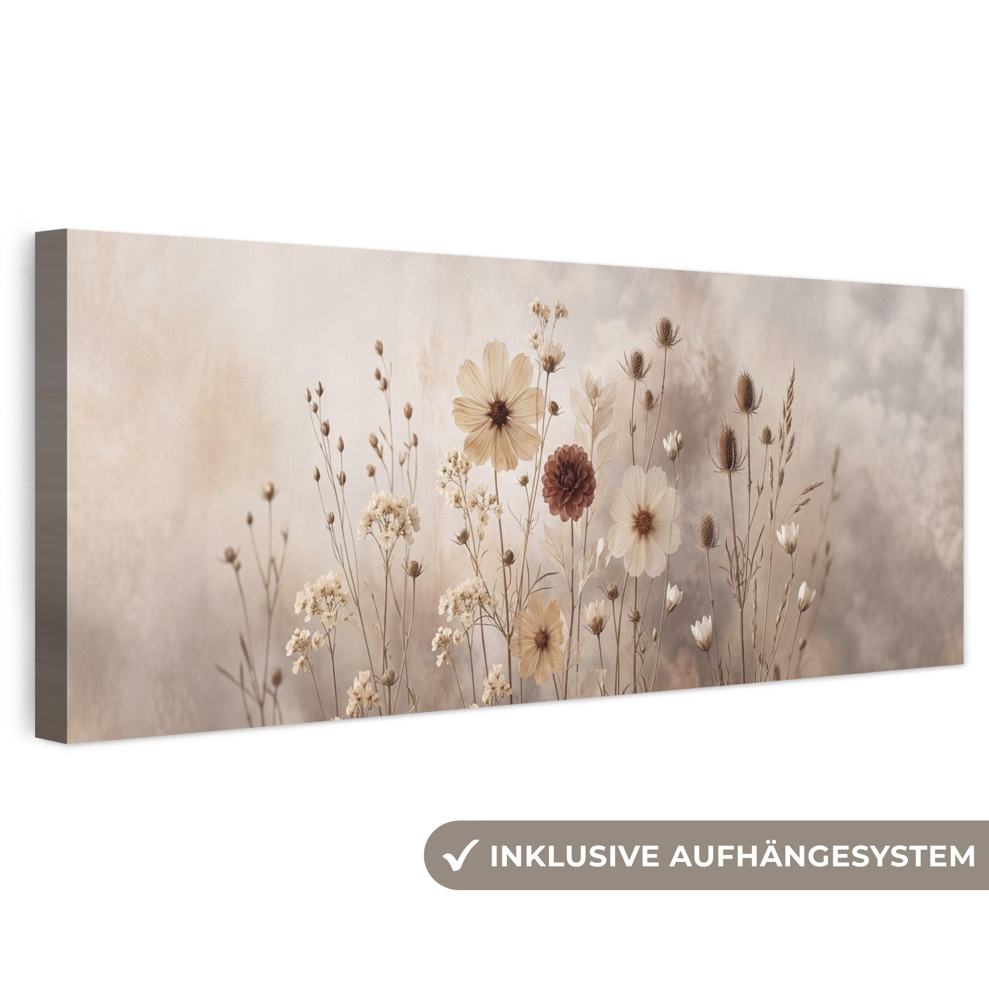 OneMillionCanvasses® Leinwandbild Panorama Wilde Blumen - Botanisch - Vintage - Natur - Rustikal, Fotodruck (1 St), Wandbild, Deko Schlafzimmer Wohnzimmer Flur 60x20 cm