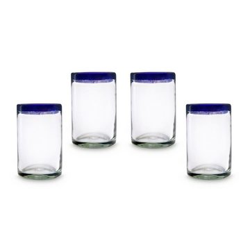 mitienda Glas Mundgeblasenes Glas mit blauem Rand 450ml, Mexiko