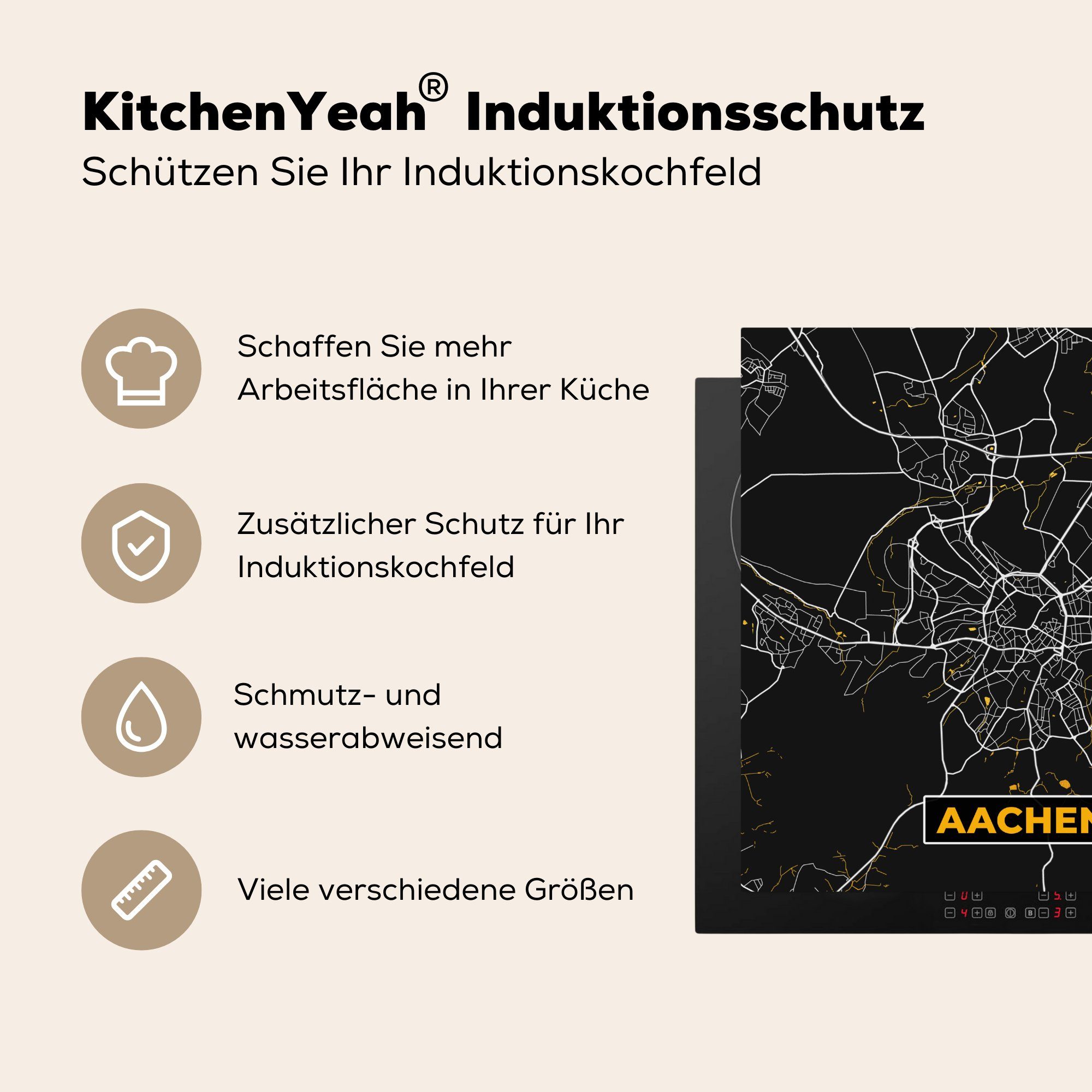 Deutschland, Ceranfeldabdeckung, 78x78 küche Herdblende-/Abdeckplatte Aachen - für - (1 MuchoWow Karte - Stadtplan Arbeitsplatte - cm, tlg), Vinyl, Gold