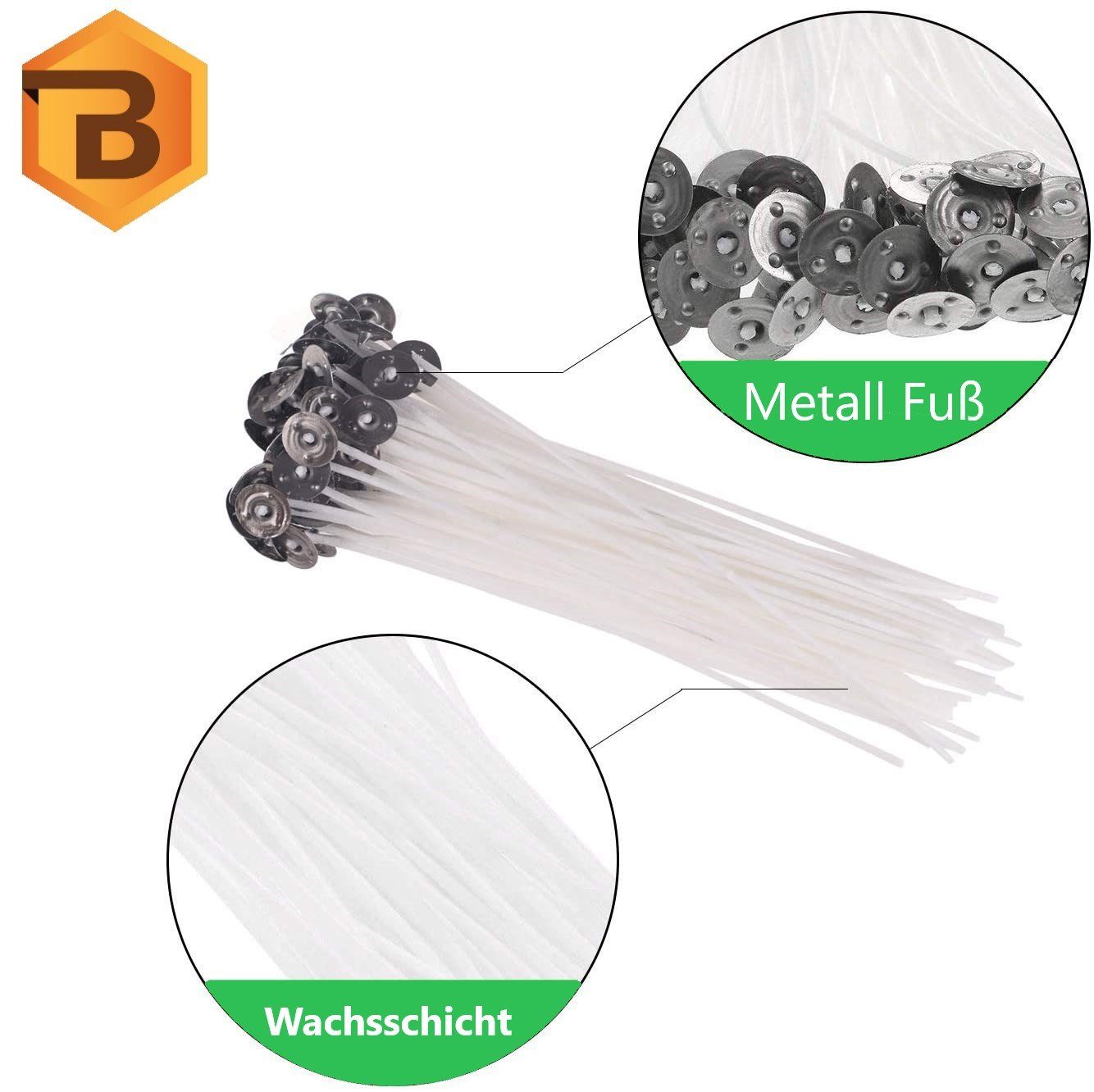 Bienenbiya Kerzenhalter Kerzendochte 50 Stk. 10 cm lang mit Metallfuß (100% natürlich aus Baumwolle, 100 St., Candle Wick, Runddocht, Teelichtdochte für DIY Ker – Bild 4 von 5