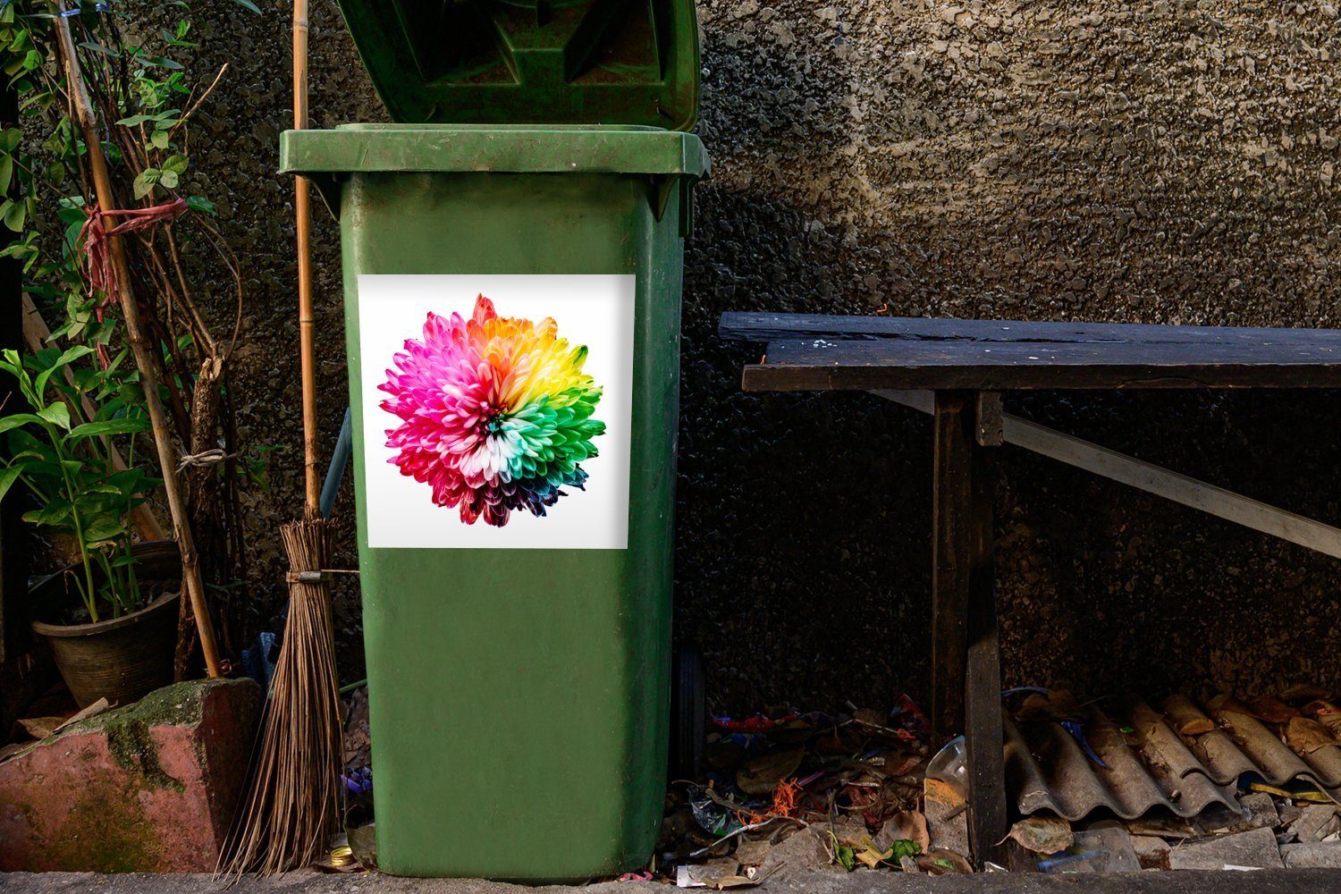 MuchoWow Wandsticker Blumen Mülleimer-aufkleber, Sticker, Abfalbehälter (1 Container, Mülltonne, St), Chrysantheme Regenbogen - 