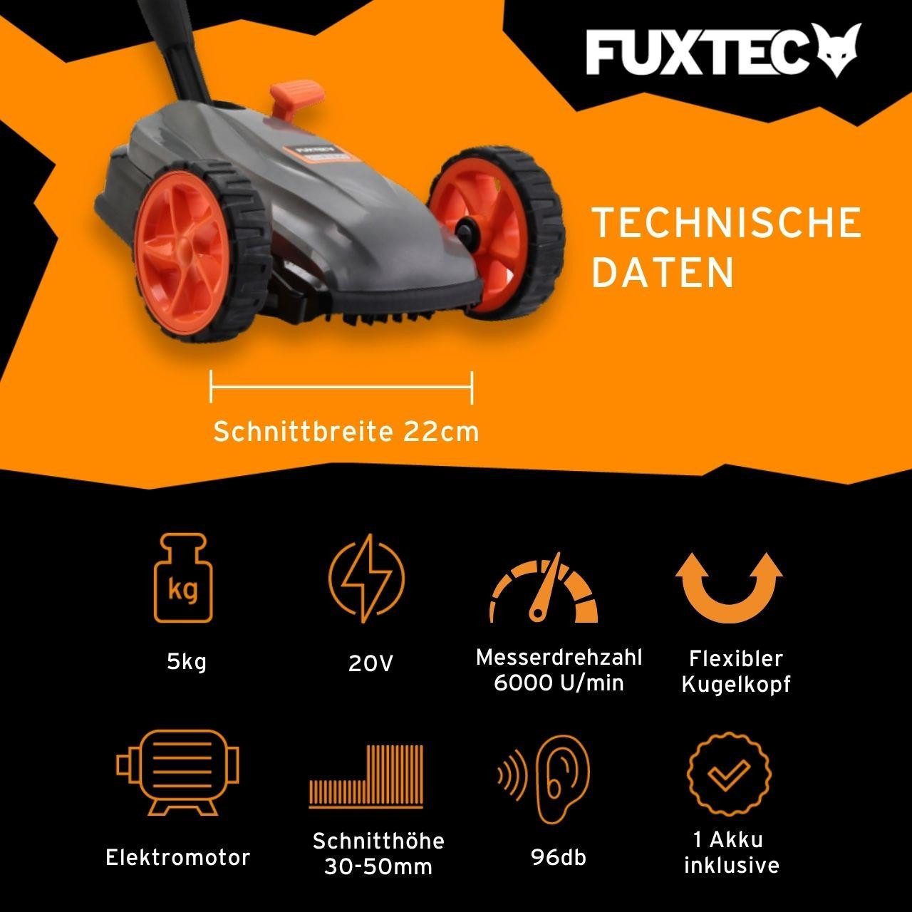FUXTEC Akkurasenmäher FX-E1RMEH20-SET, 22 cm Schnittbreite, flexible Kugelkopfsteuerung, 20V Akku, 3-fache Schnitthöheneinstellung
