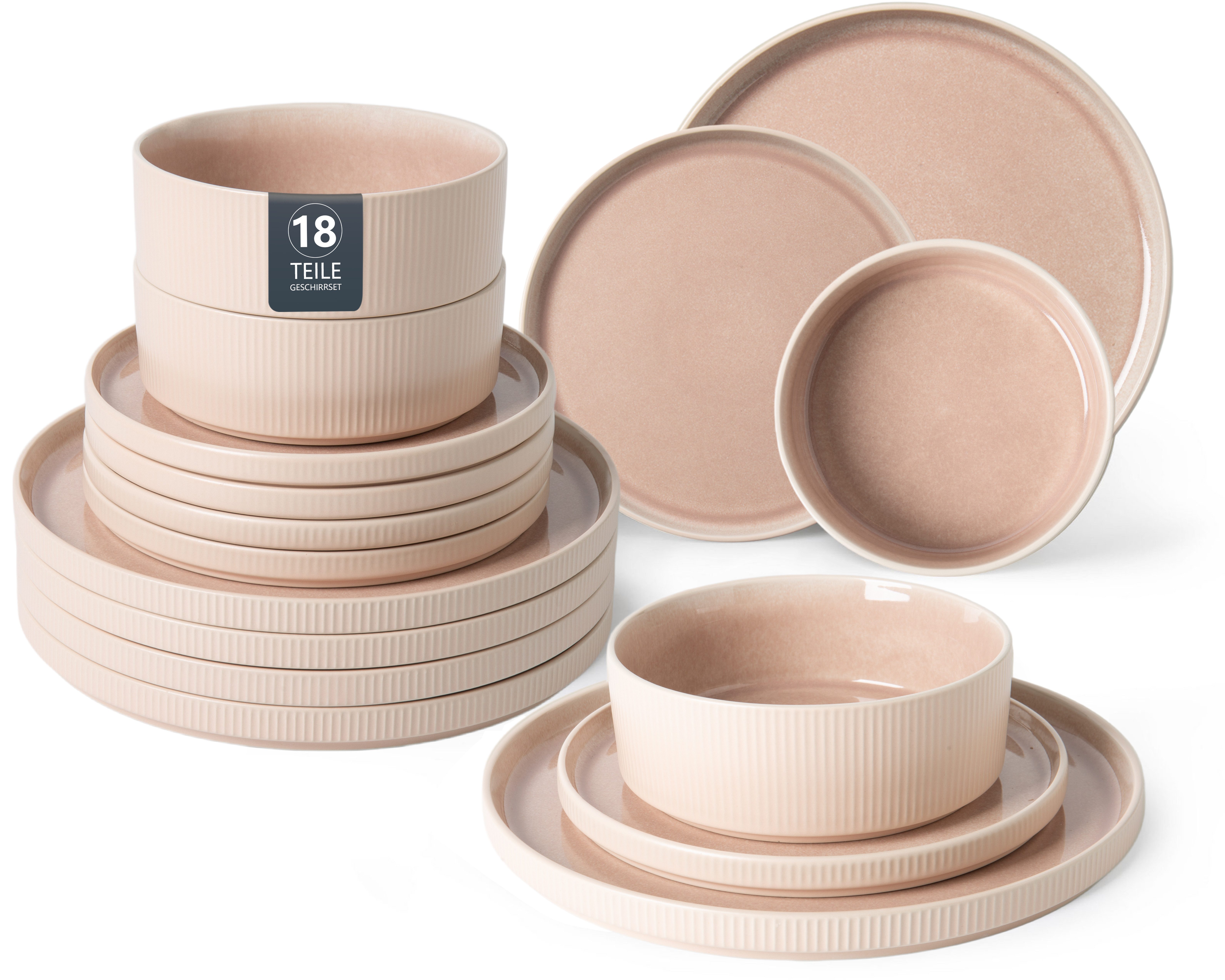 OTTO home Geschirr-Set Ylvii, außen matt, innen reaktiv glasiert (18-tlg), 6 Personen, Steinzeug, Riffeloptik, spülmaschinenfest und mikrowellengeeignet