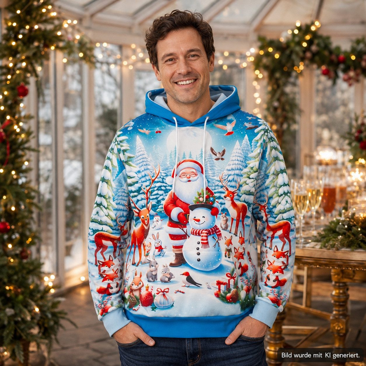 XiRRiX Weihnachtspullover Toller Weihnachts Hoodie mit Nikolaus und Schneemann Motiv (Kapuzen Pullover, Damen, Herren, Partner) Tolles Weihnachtsgeschenk! – Bild 5 von 5