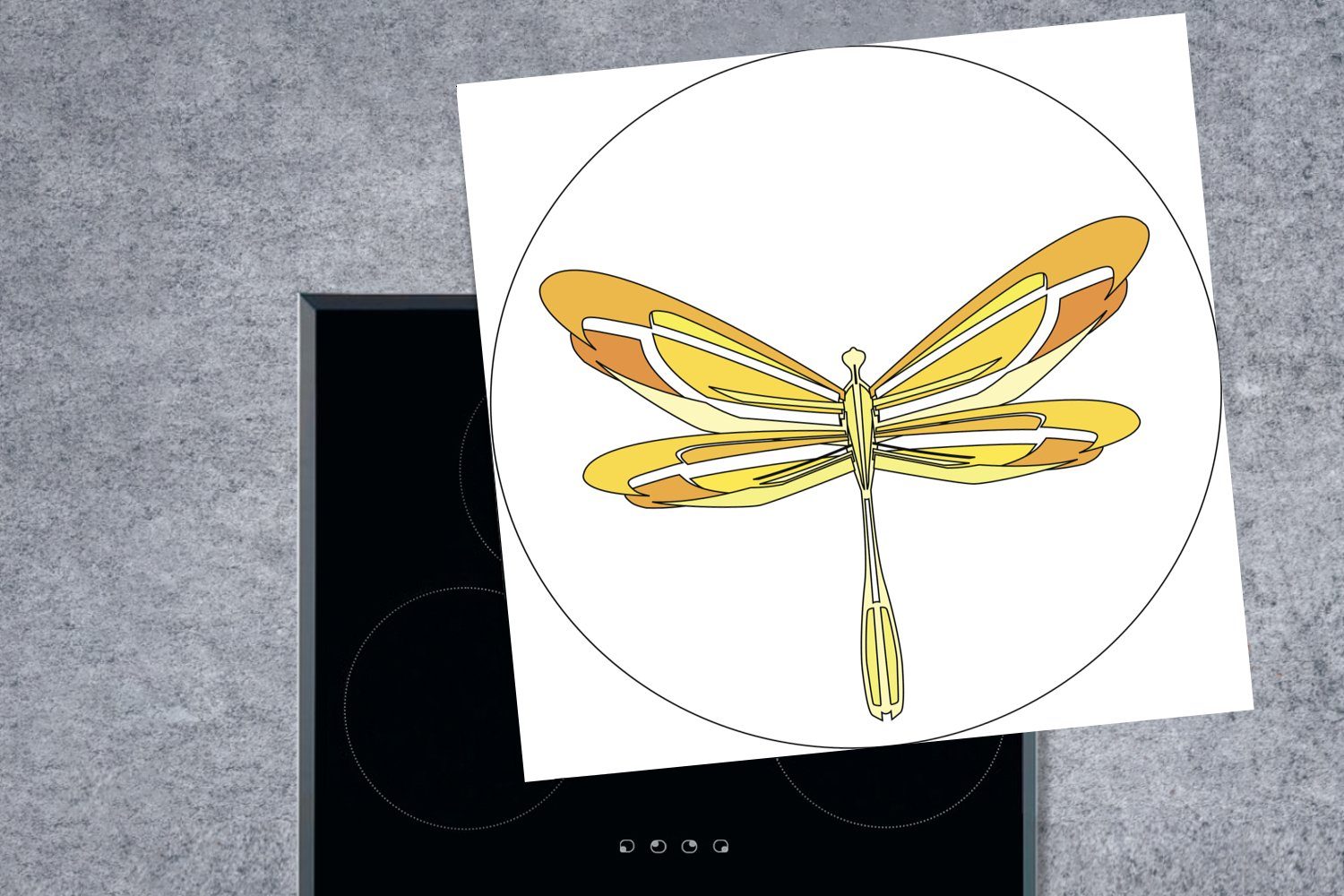 cm, 78x78 einer Vinyl, Herdblende-/Abdeckplatte Libelle, Arbeitsplatte tlg), für gelben MuchoWow Illustration küche Eine (1 Ceranfeldabdeckung,