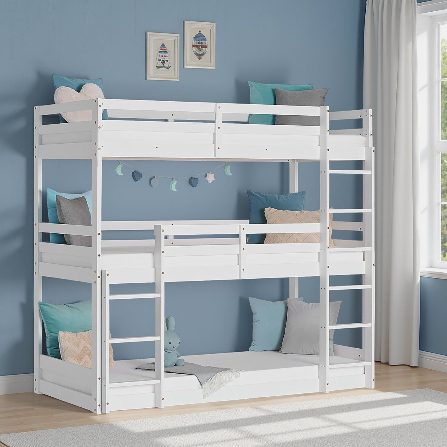 Homestyle4u Etagenbett 90x200 Hochbett für 3 Personen Dreifachbett Weiß Treppe 2 3 Kinder (Set, mit Lattenrost), 2 Meter hoch, mit 2 Leitern, Rausfallschutz