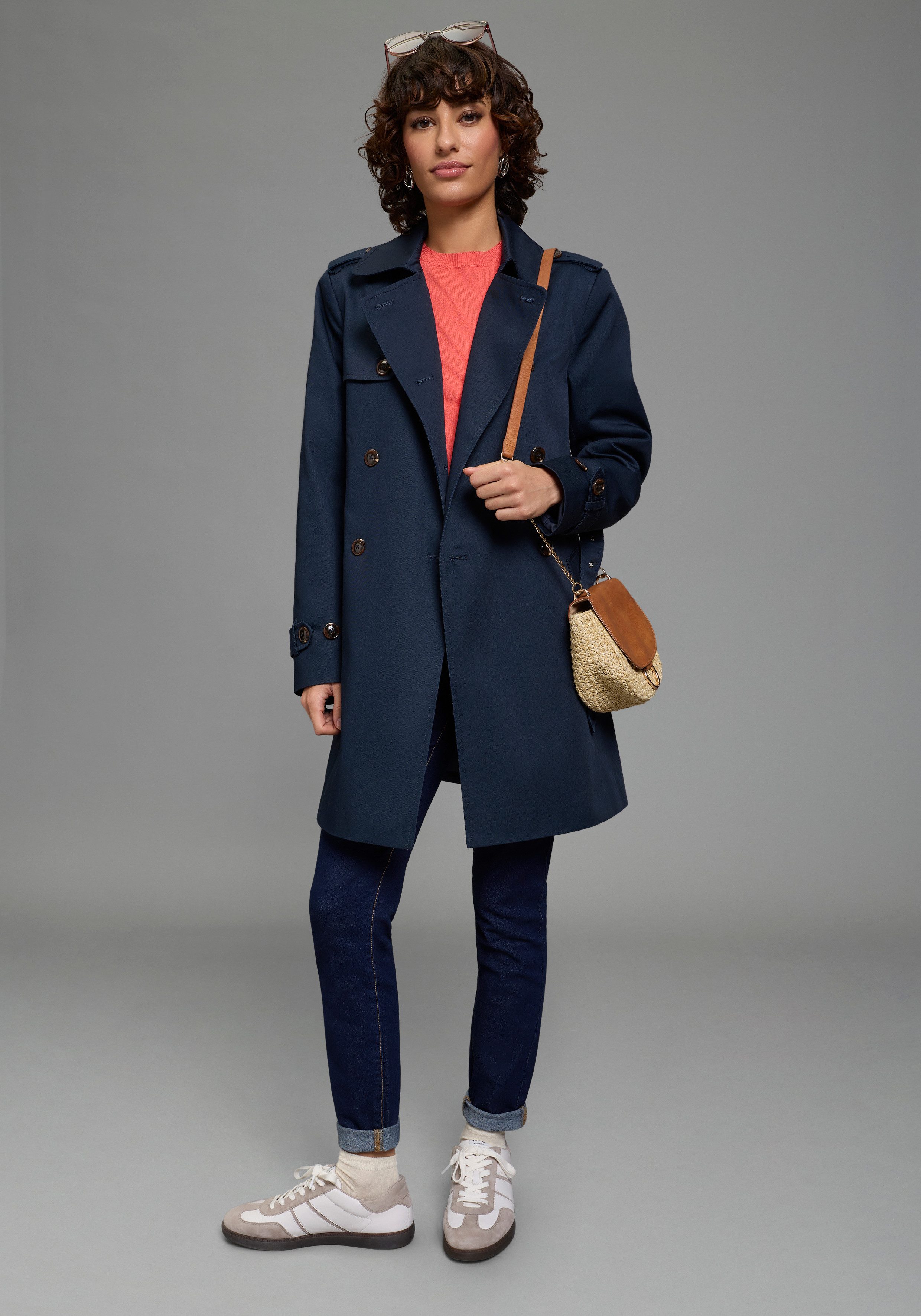 Laura Scott Trenchcoat aus Baumwolle und Polyester, unifarben mit Piping-Ap günstig online kaufen