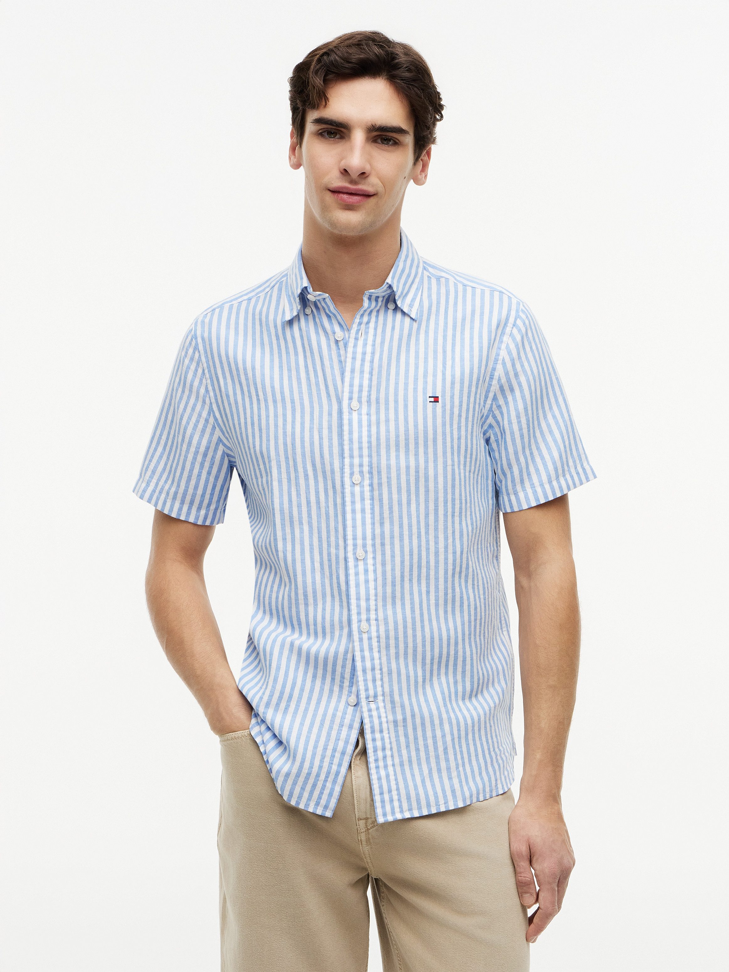 Tommy Hilfiger Kurzarmhemd LINEN BLEND BENGAL STP SS RF SHT Regular Fit aus Leinenmix mit Bengalstreifen