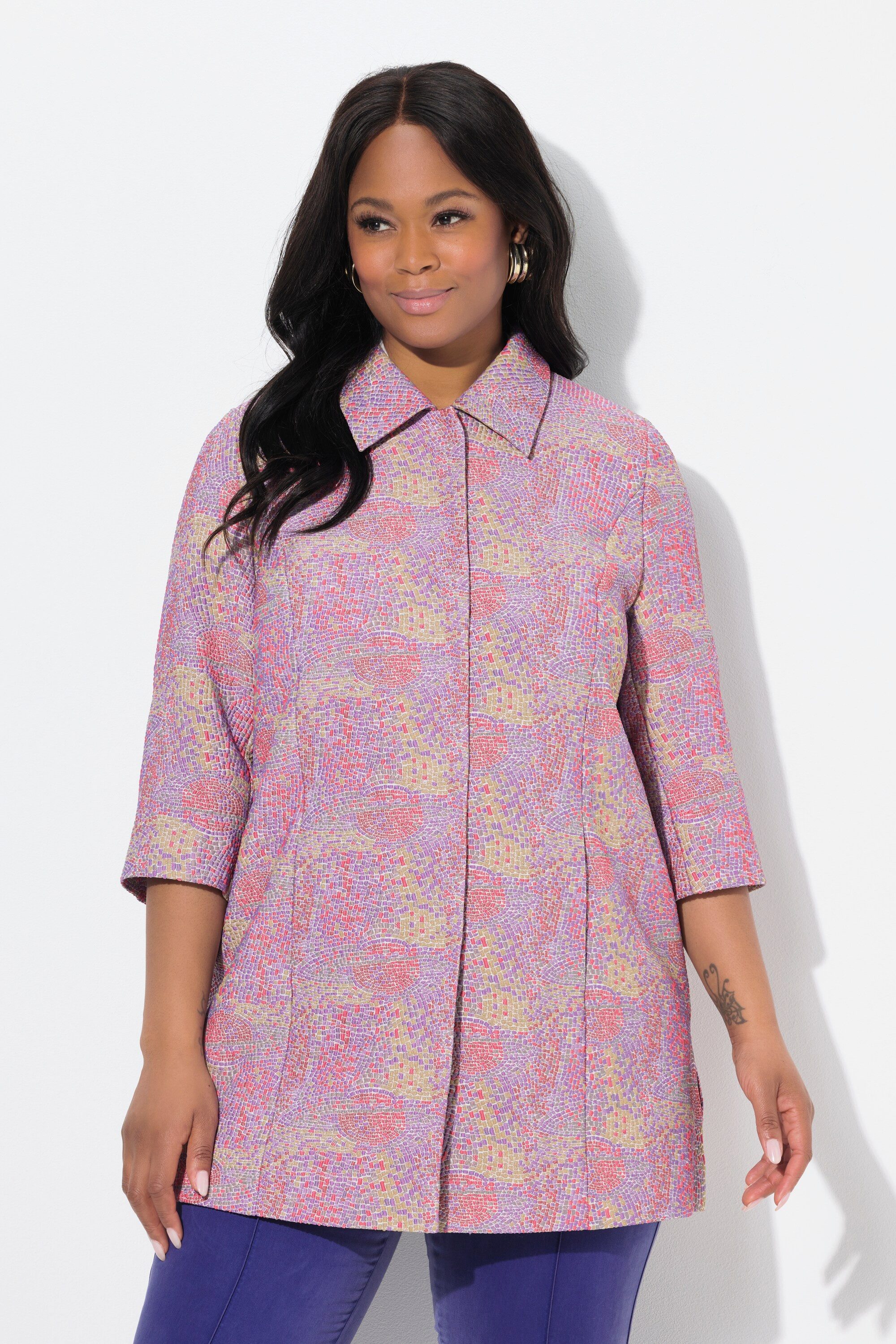 Ulla Popken Sommerjacke Jacke Mosaik-Design Hemdkragen 3/4-Arm