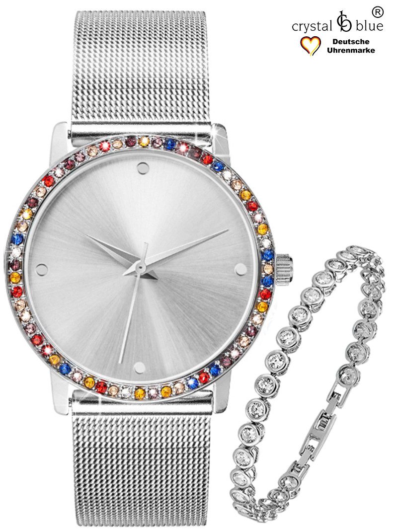 Quarzuhr Damenuhr Mesh & Tennisarmband silber mit cubic Zirkonia Kristallen