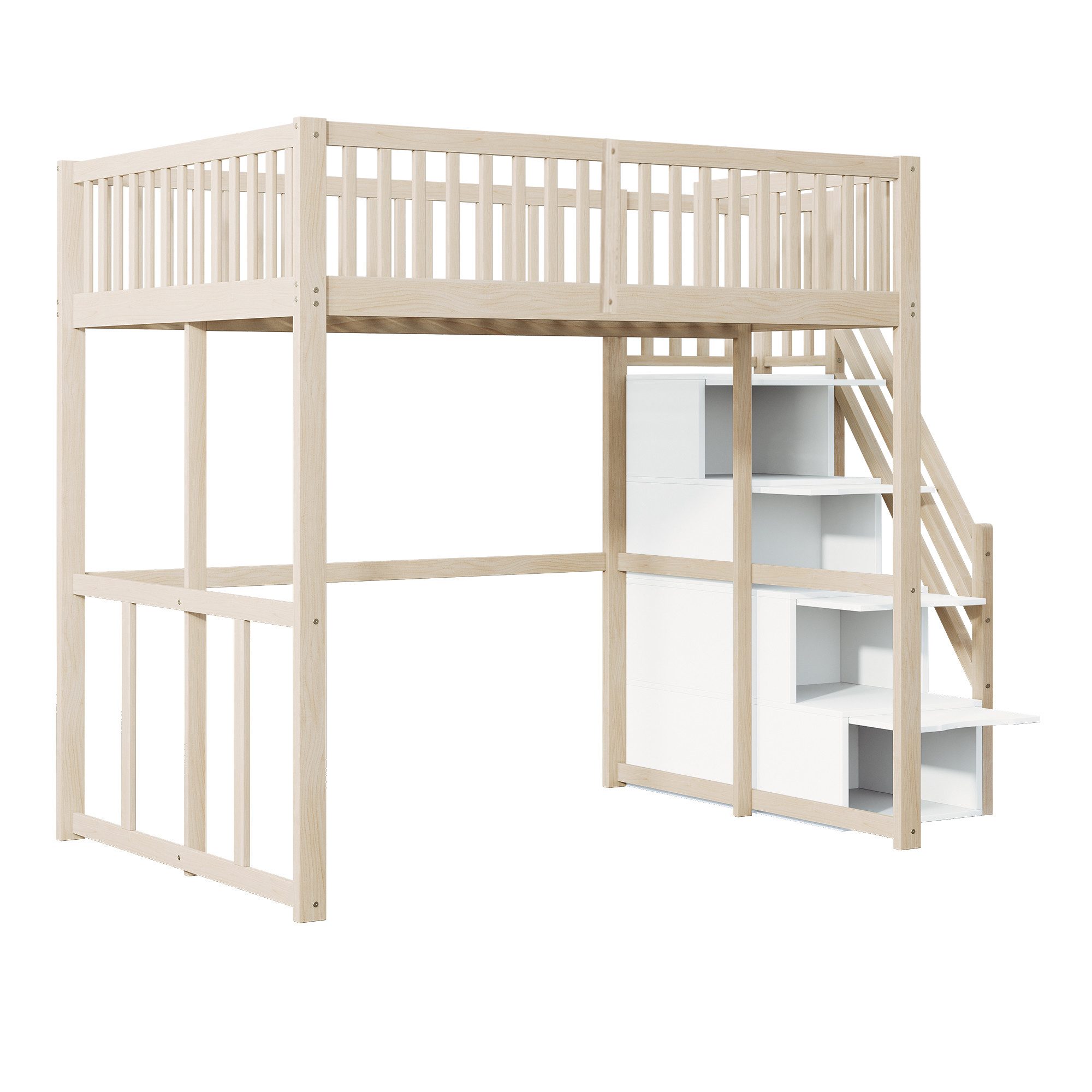 Flieks Hochbett Massivholz Kinderbett Einzelbett 140x200cm mit Stauraumtreppe