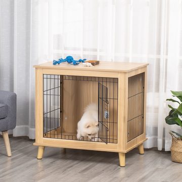 PawHut Hundehütte aus Holz Transportbox in erhöhtem Design Hundebox innen Haustier Natur, 81B x 58.5T x 76H cm