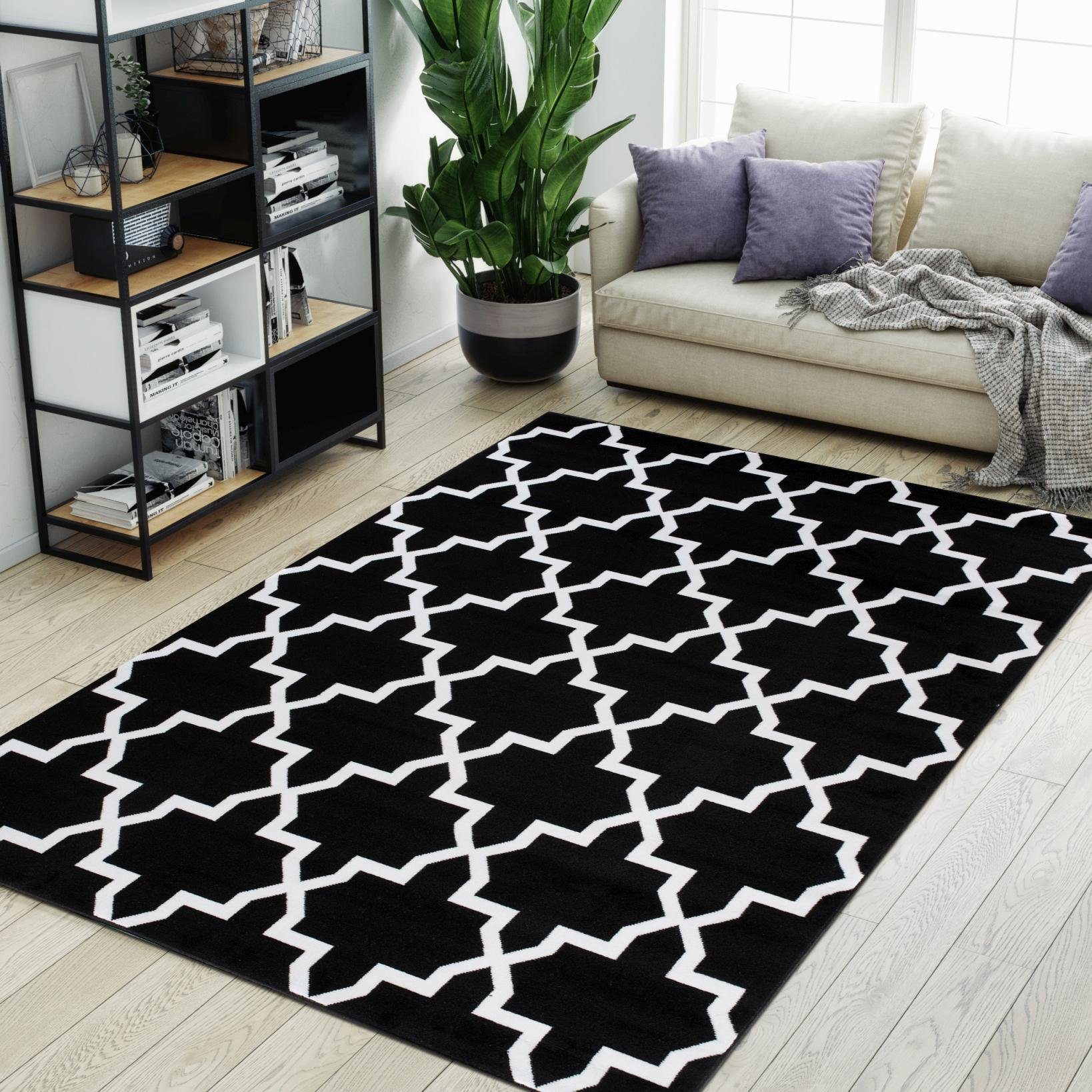Designteppich Modern Teppich 150 Kurzflor, schwarz x Mazovia, 80 mm, Fußbodenheizung, für Geeignet cm, Muster Geometrische - Kurzflor Höhe weiß 7