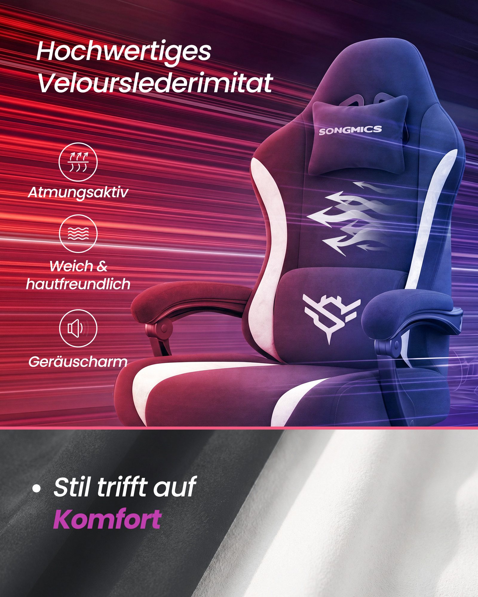 SONGMICS Drehstuhl Gaming Stuhl, ergonomischer Bürostuhl, mit Fußstütze und Lendenkissen, 135° Neigung, aus Polyester, 70 x 70 x 120-130 cm