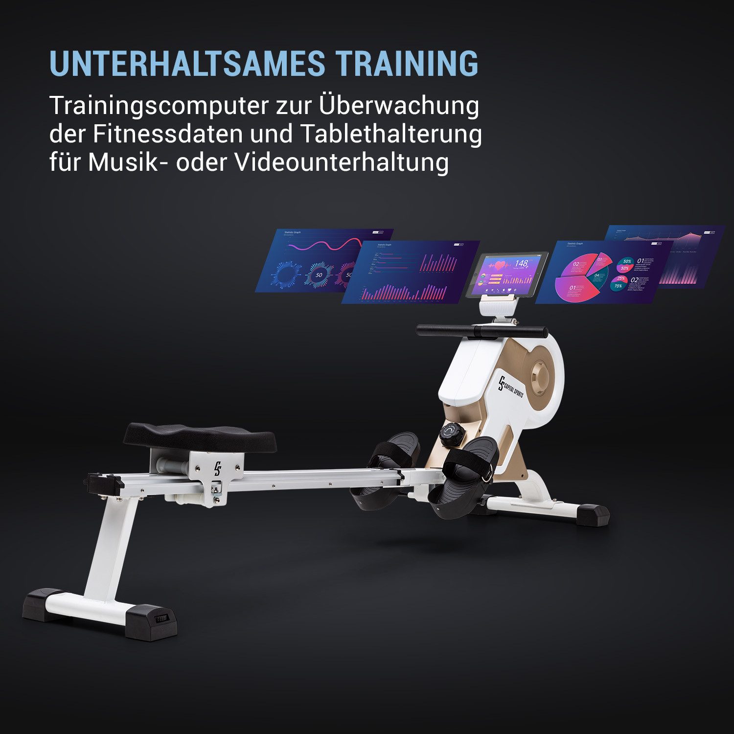 Capital Sports Rudermaschine Stream M1 (Tablet-Halterung ;Trainingscomputer mit LCD-Display), Rudergerät für Zuhause Sport Rowing Machine Fitnessgerät Sportgerät