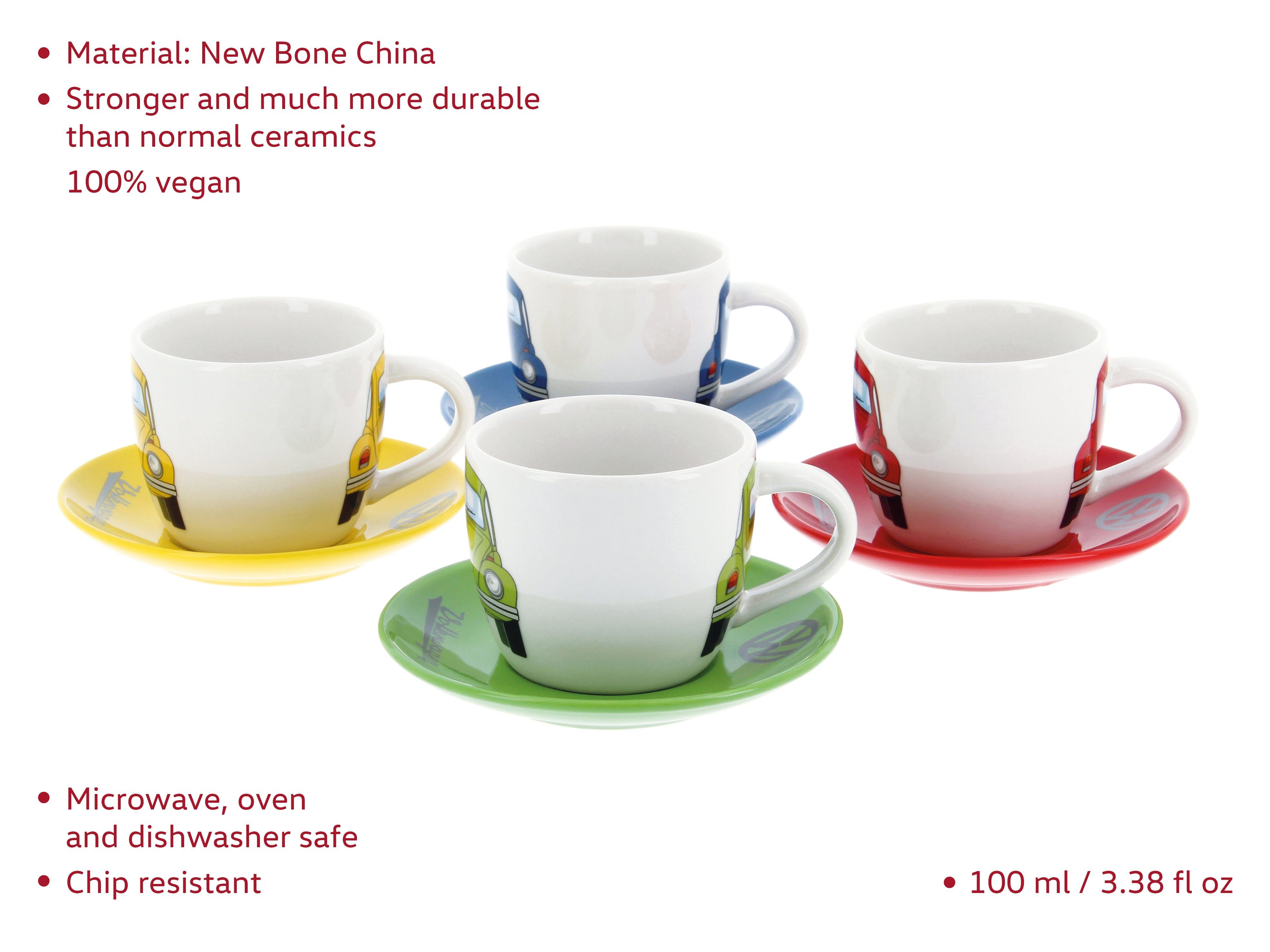 VW Collection by BRISA Espressotasse Volkswagen kleine Espressotassen, New Bone China, Espresso Becher im VW Beetle Design, 4er Set, 100ml