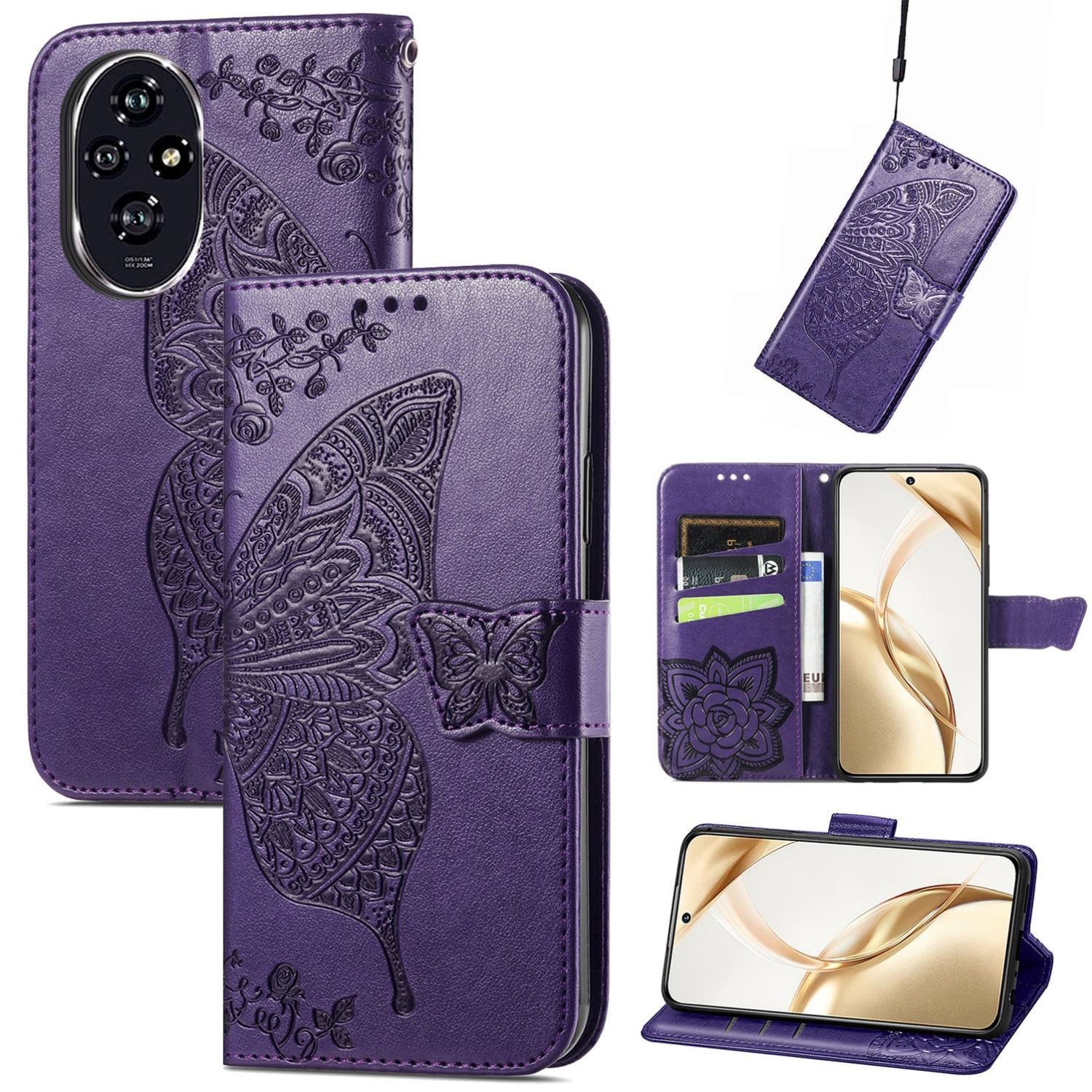 Wigento Smartphone-Hülle Für Honor 200 Kunstleder Wallet Tasche Design Schmetterling Hülle Lila, Kunst-Leder Schutzhülle Smart Case Cover magnetischer Verschluss