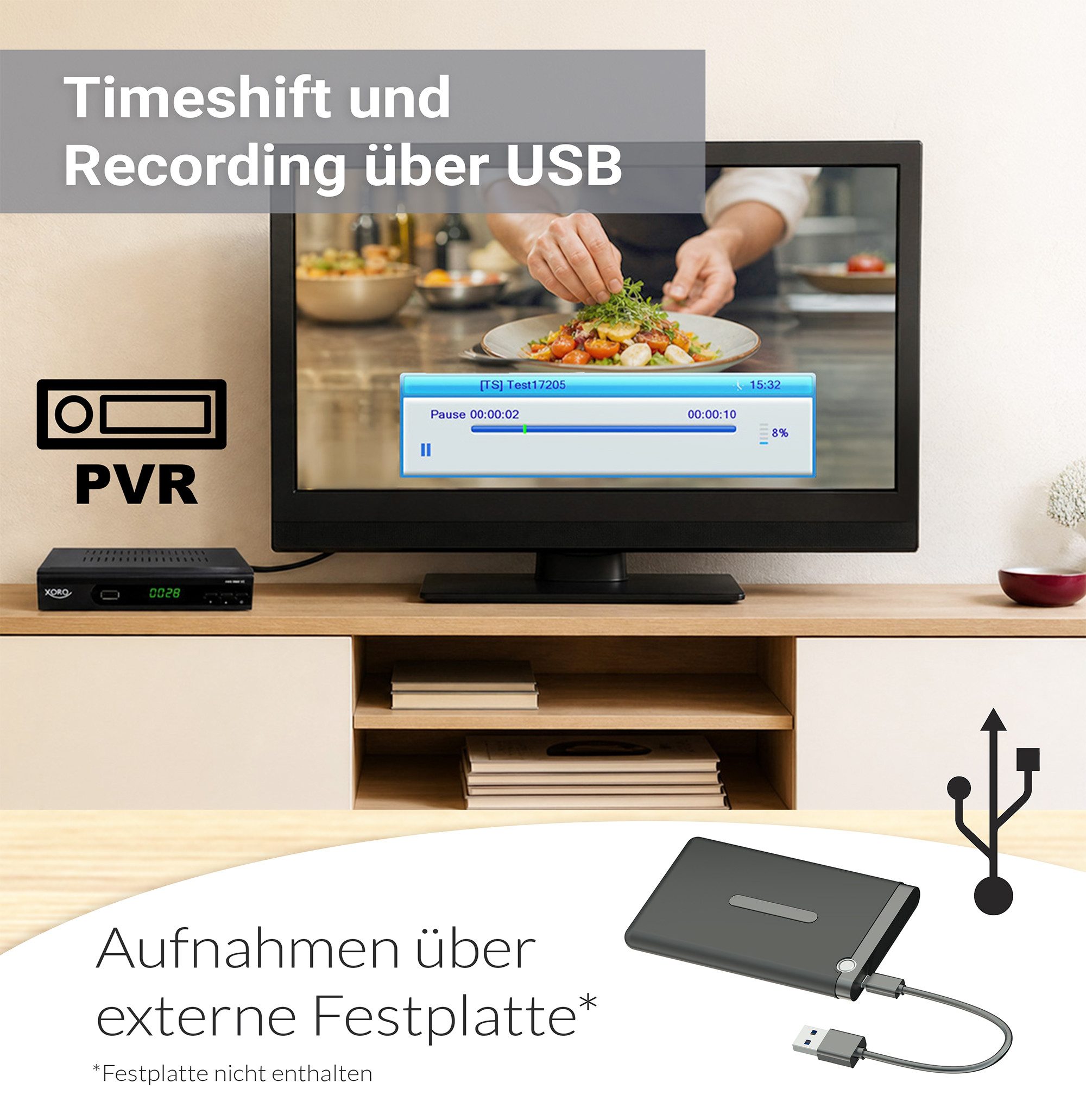 Xoro HRS 8660 V2 DVB-S/S2 mit PVR, Unicable, USB-Mediaplayer & 12 V SAT-Receiver (Timeshift, 8 Aufnahme-Timer & ASTRA 19,2° Senderliste vorprogrammiert)