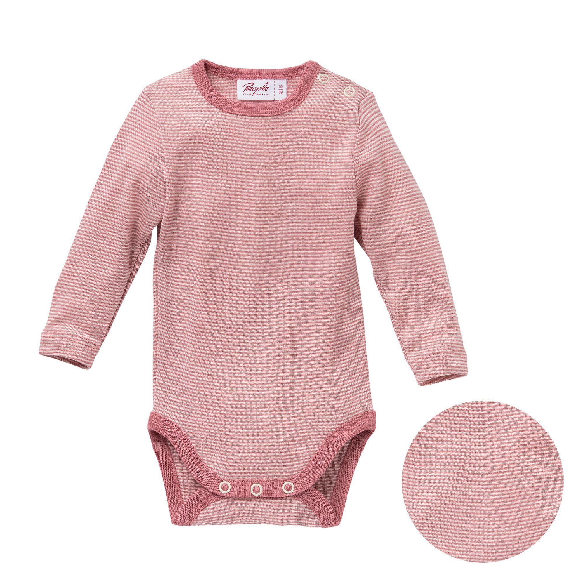 People Wear Organic Langarmbody aus Wolle und Seide Rosa geringelt