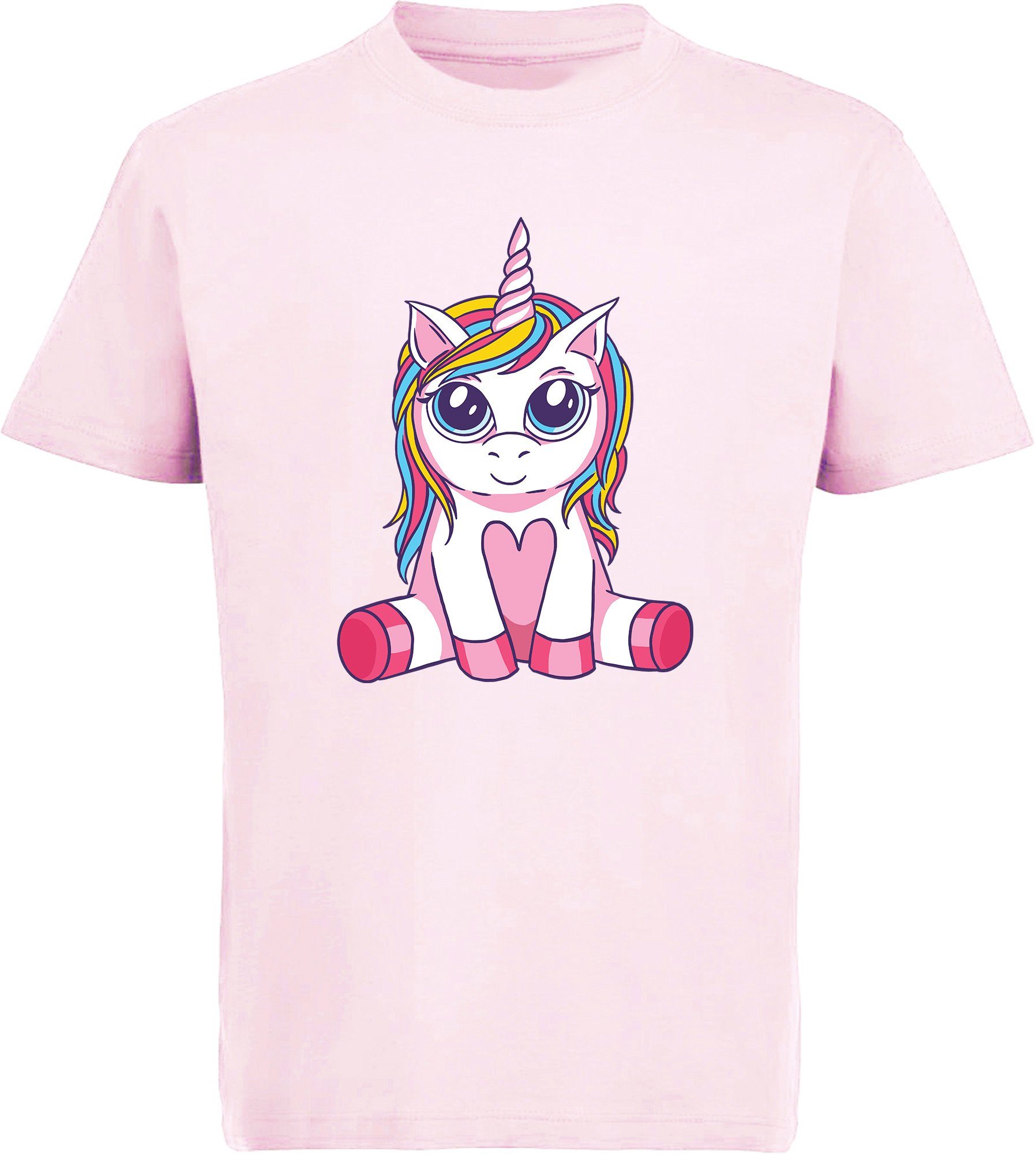 MyDesign24 T-Shirt Kinder Print Shirt bedruckt - Sitzendes Einhorn Baumwollshirt mit Aufdruck, i256 rosa