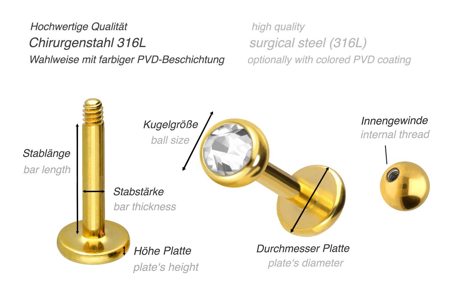 PIERCINGLINE Piercing-Set Chirurgenstahl Labret KRISTALL (Labrets, 1-tlg)
