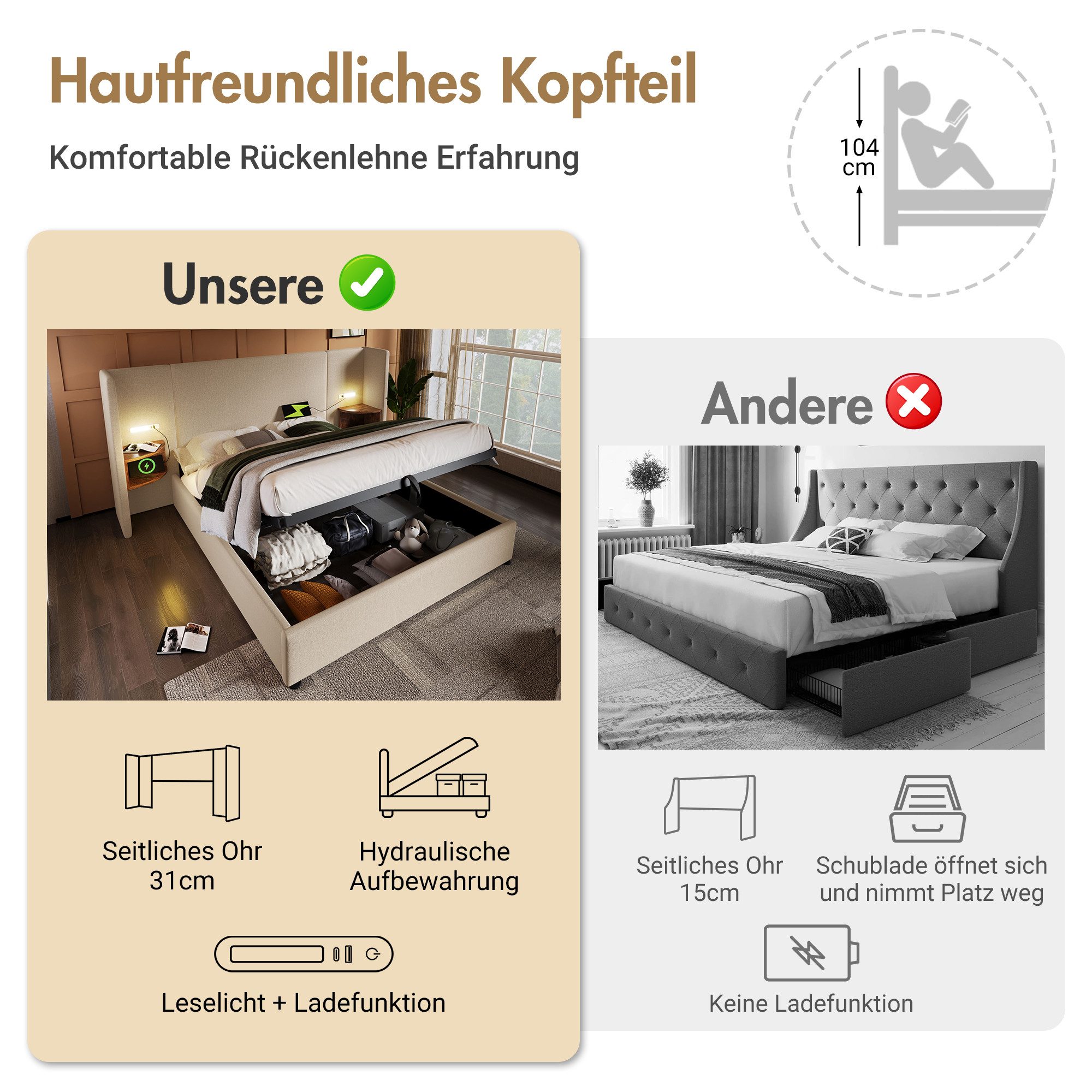 STILVORA Polsterbett Bettgestell 160×200 Doppelbett mit Nachttisch,Leselamp günstig online kaufen