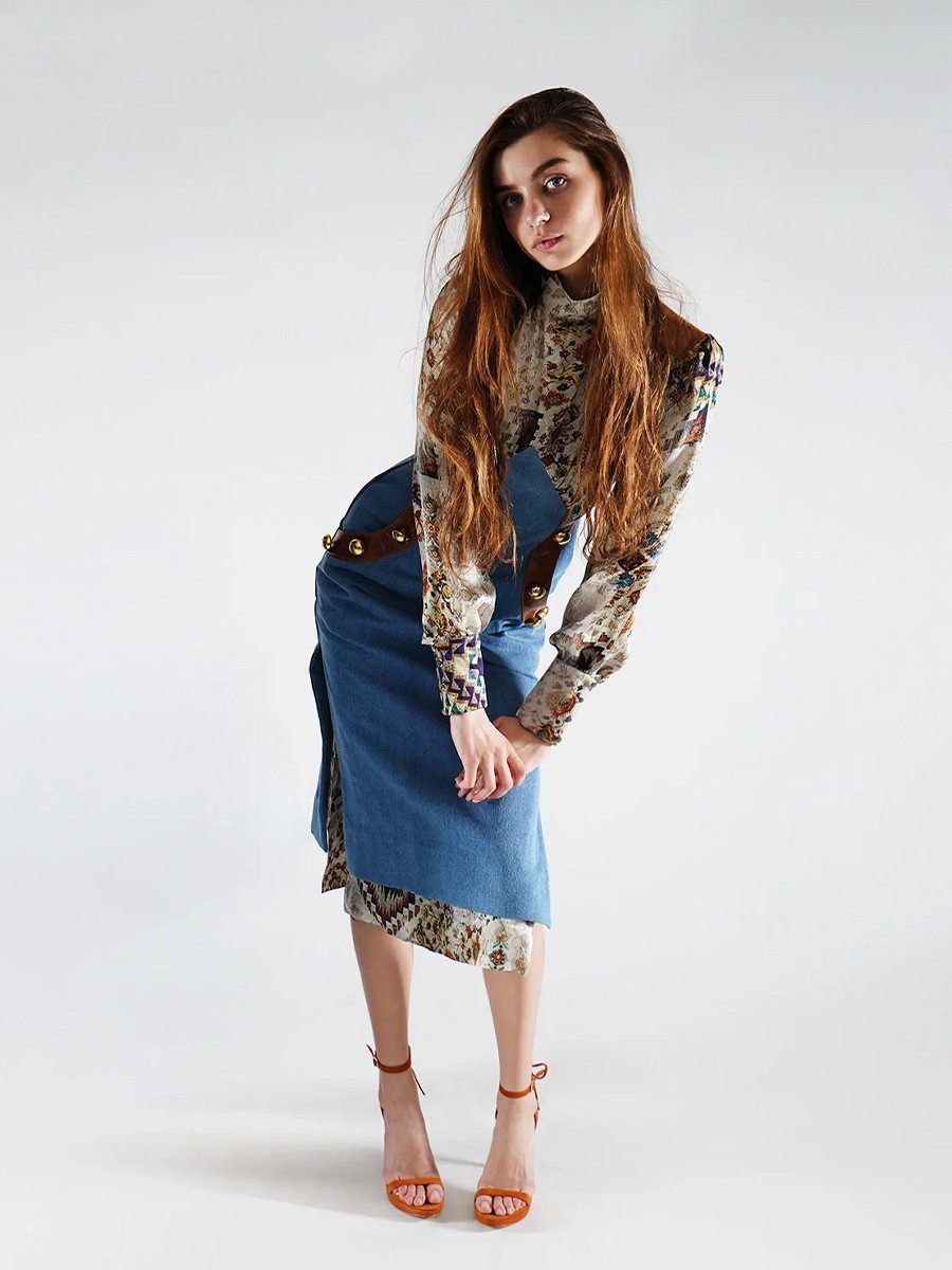 RUA & RUA Midikleid Kleid aus Denim Seide & Leder Etuikleid