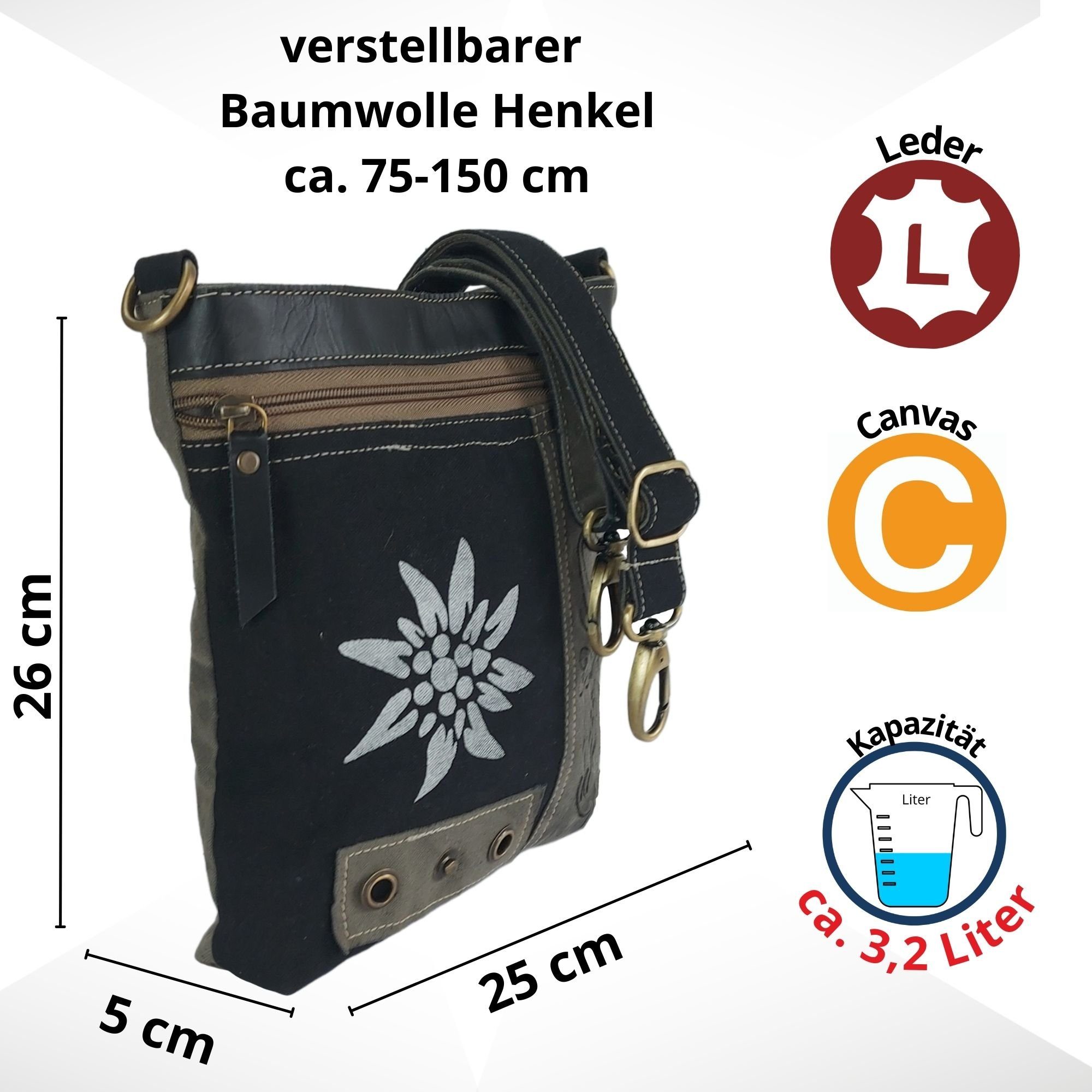 Domelo Trachtentasche Trachtentasche Dirndl Umhängetasche. Schultertasche mit Edelweiss, echtes Leder, Edelweiss Aufdruck