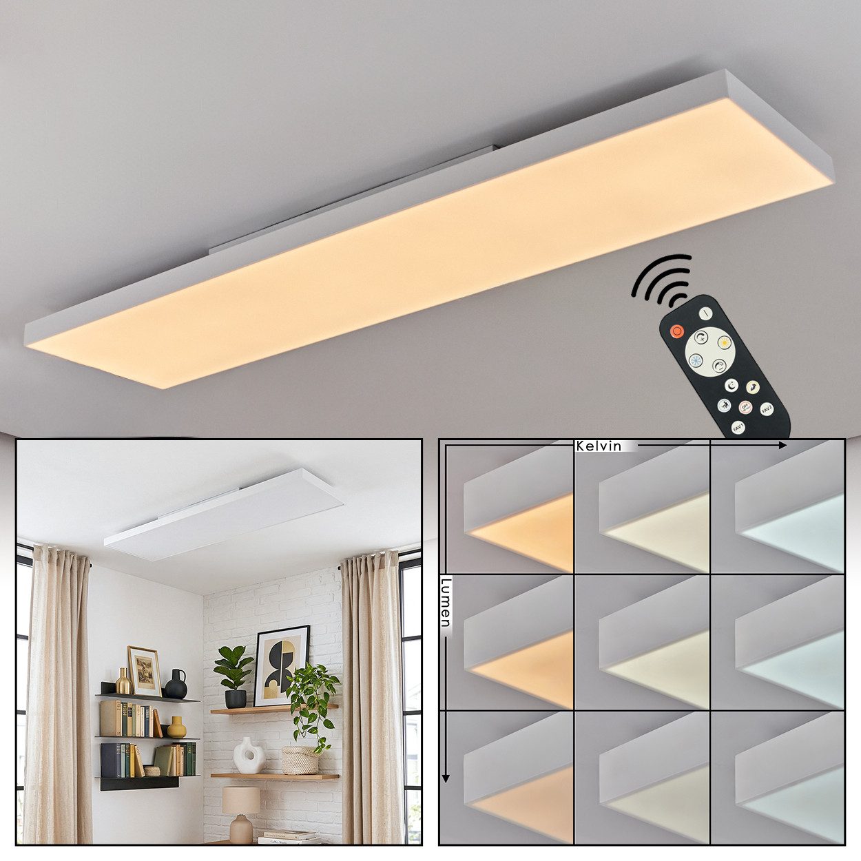 hofstein Panel Deckenpanel aus Metall/Kunststoff in Weiß mit Memory-Funktion, LED wechselbar, flache Deckenlampe mit Fernbedienung, CCT, LED 37 Watt, 4000 Lumen