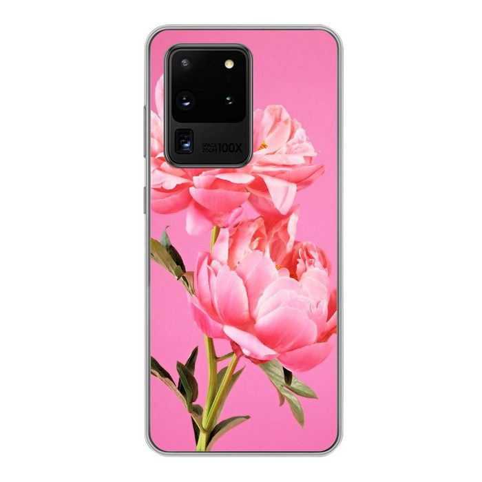 MuchoWow Handyhülle Rosa Pfingstrosen mit rosa Hintergrund Phone Case Handyhülle Samsung Galaxy S20 Ultra Silikon Schutzhülle