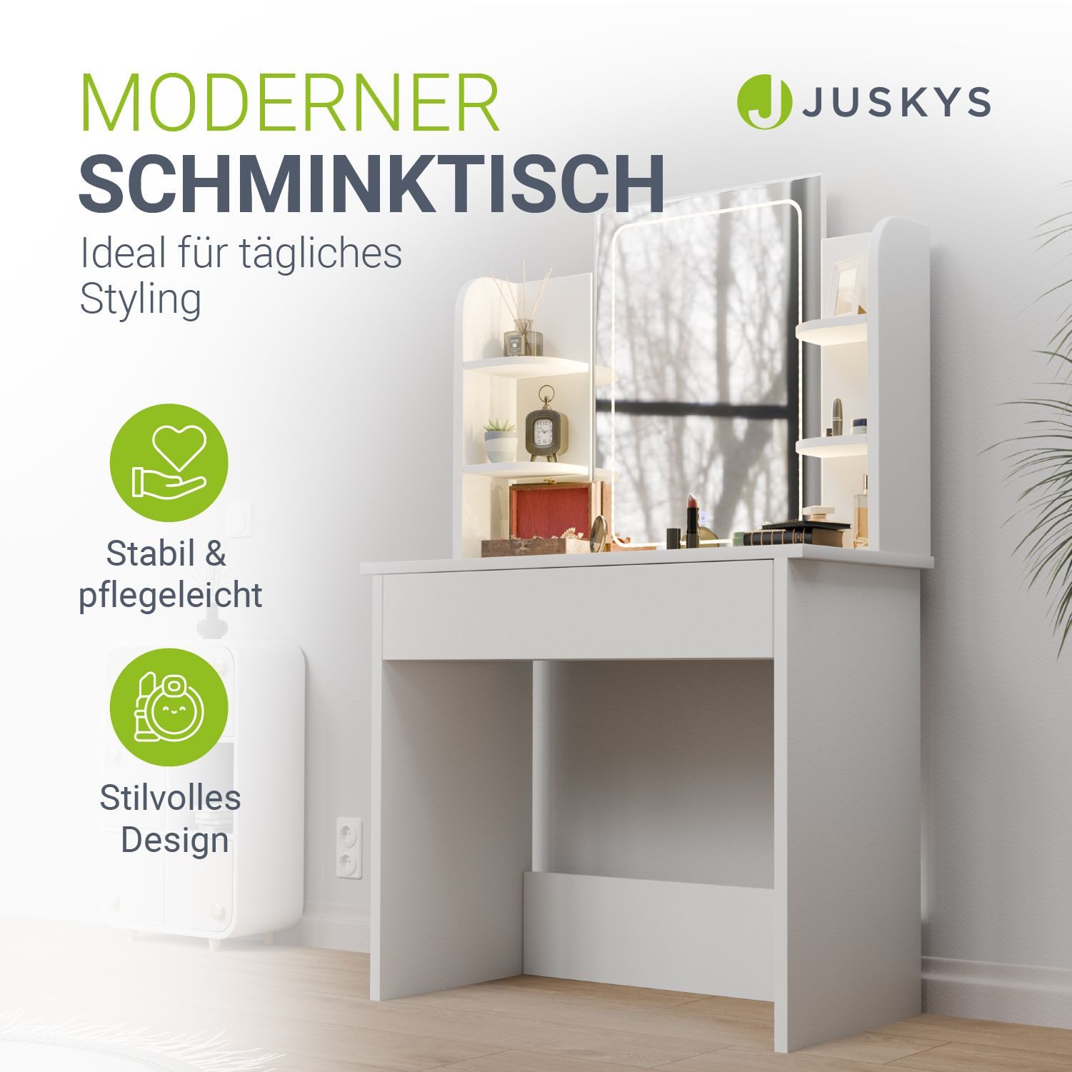 Juskys Schminktisch Zoey, Touch-LED-Spiegel mit 3 Stufen, viel Stauraum, Ab günstig online kaufen