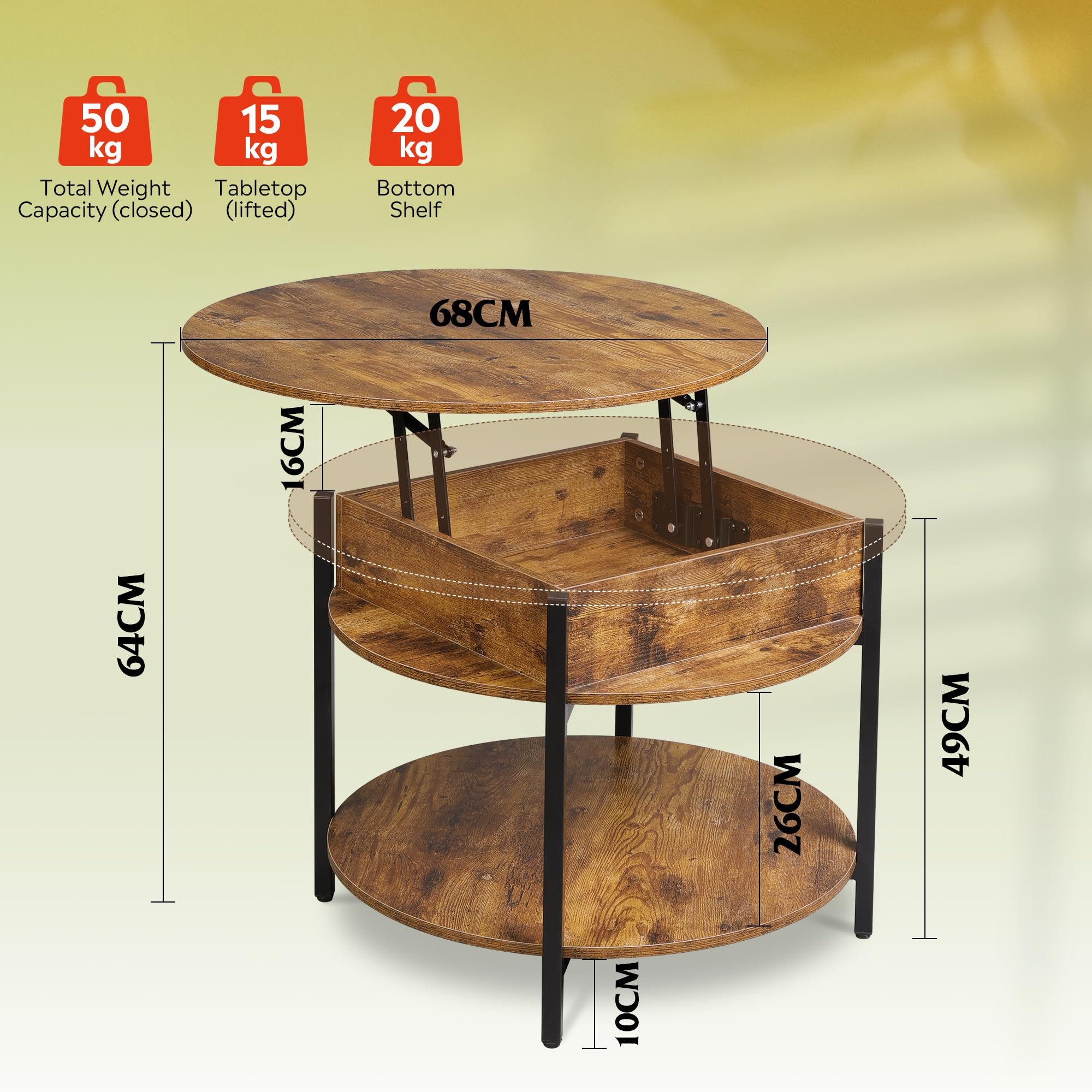 WLIVE Couchtisch Couchtisch Höhenverstellbarer Runder, 2-facher Stauraum & Ablage (Packung, 1 Tisch), Beistelltisch aus Holz & Metall, höhenverstellbar, 60 x 60 – Bild 3 von 5