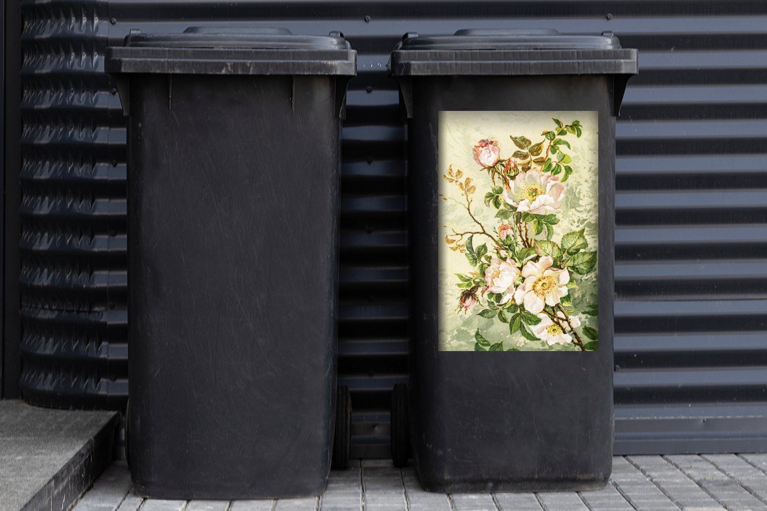 Wandsticker Abfalbehälter - Mülleimer-aufkleber, Vintage (1 - Rosa MuchoWow Blumen Container, St), Sticker, Mülltonne,