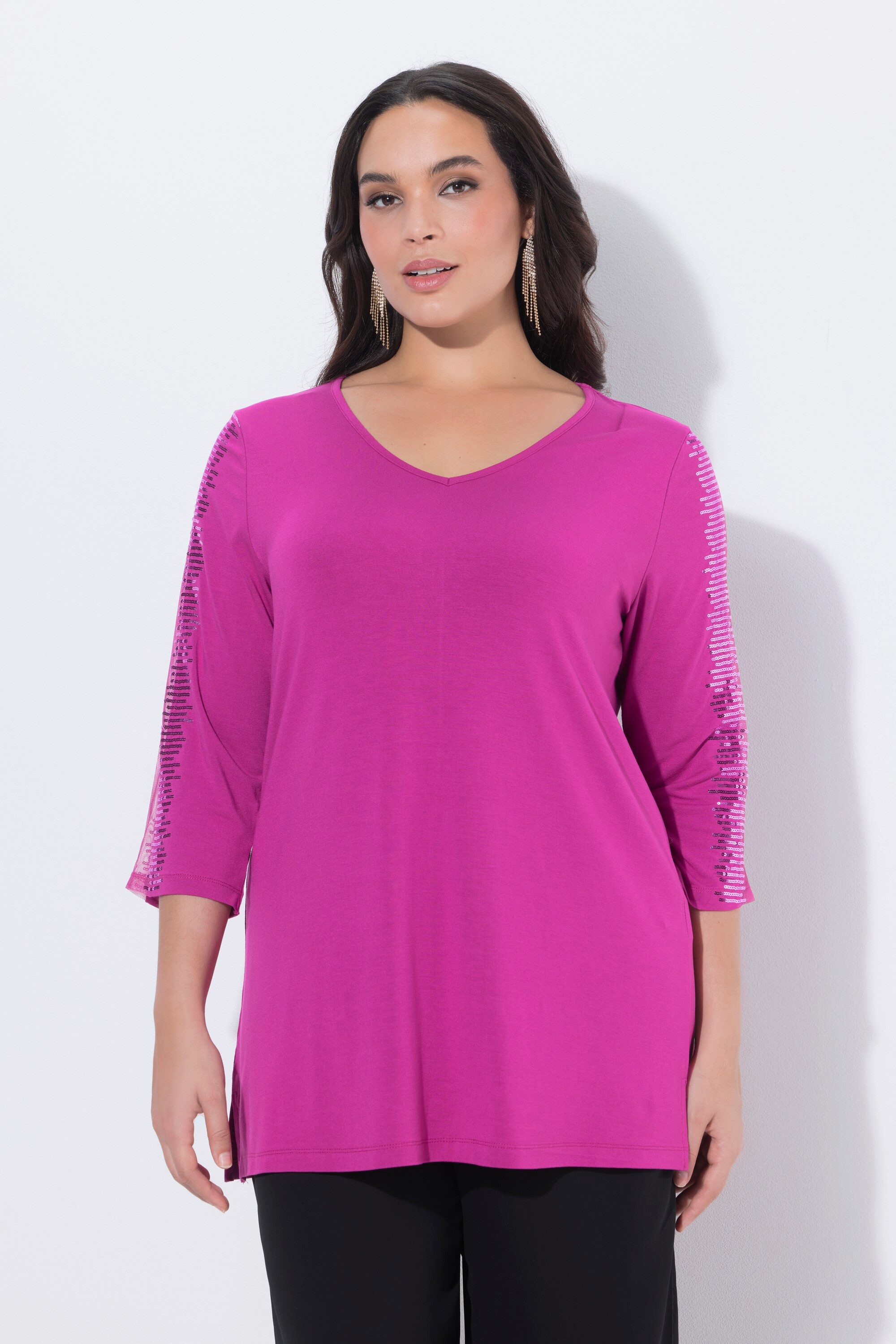 Ulla Popken Longshirt Longshirt Mesh-Einsatz Pailletten V-Ausschnitt günstig online kaufen
