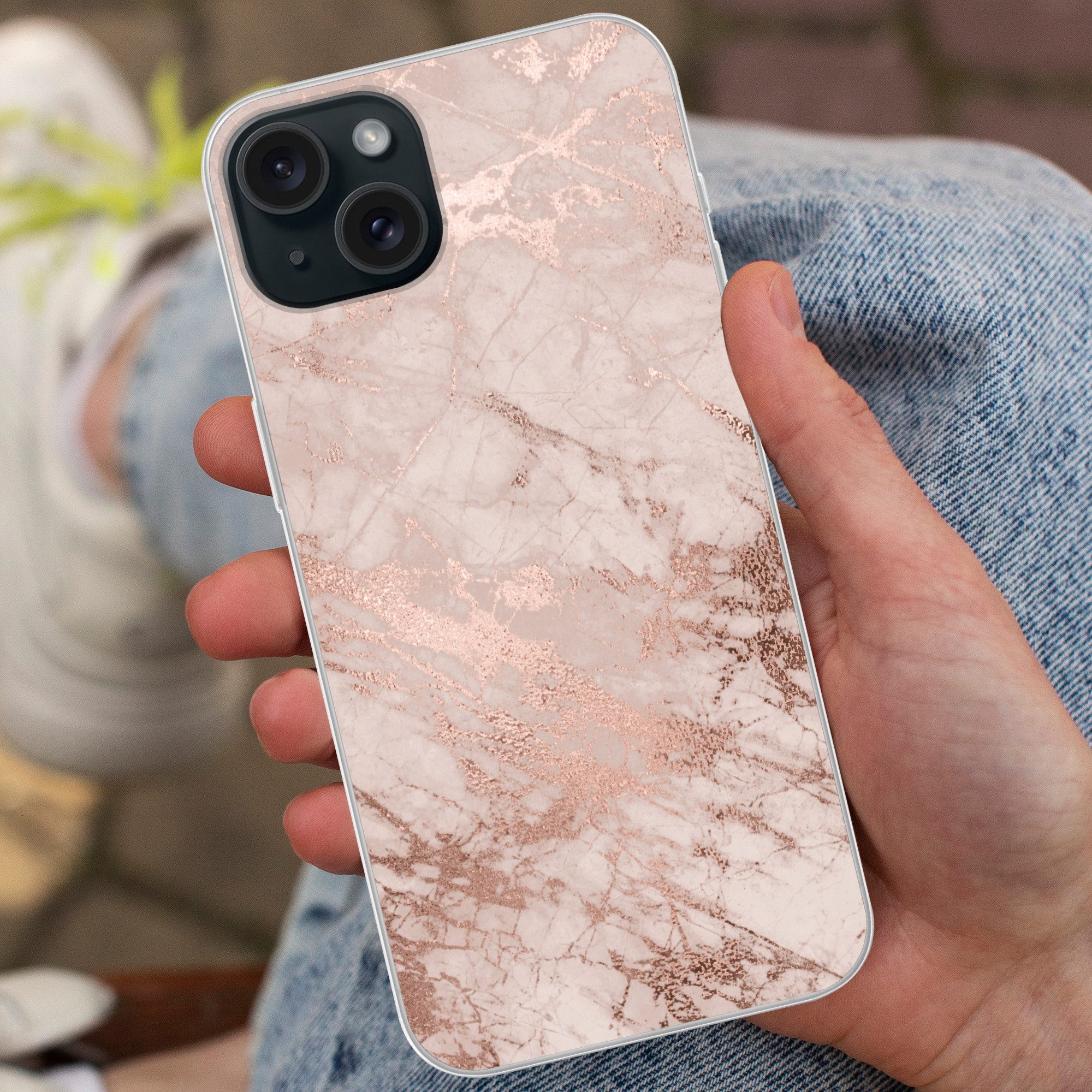 MuchoWow Handyhülle für Apple iPhone 15 Plus Marmor - Rosa - Luxus - Marmoroptik - Glitzer, Smartphone-Bumper, Print, Handy Schutzhülle Dünn