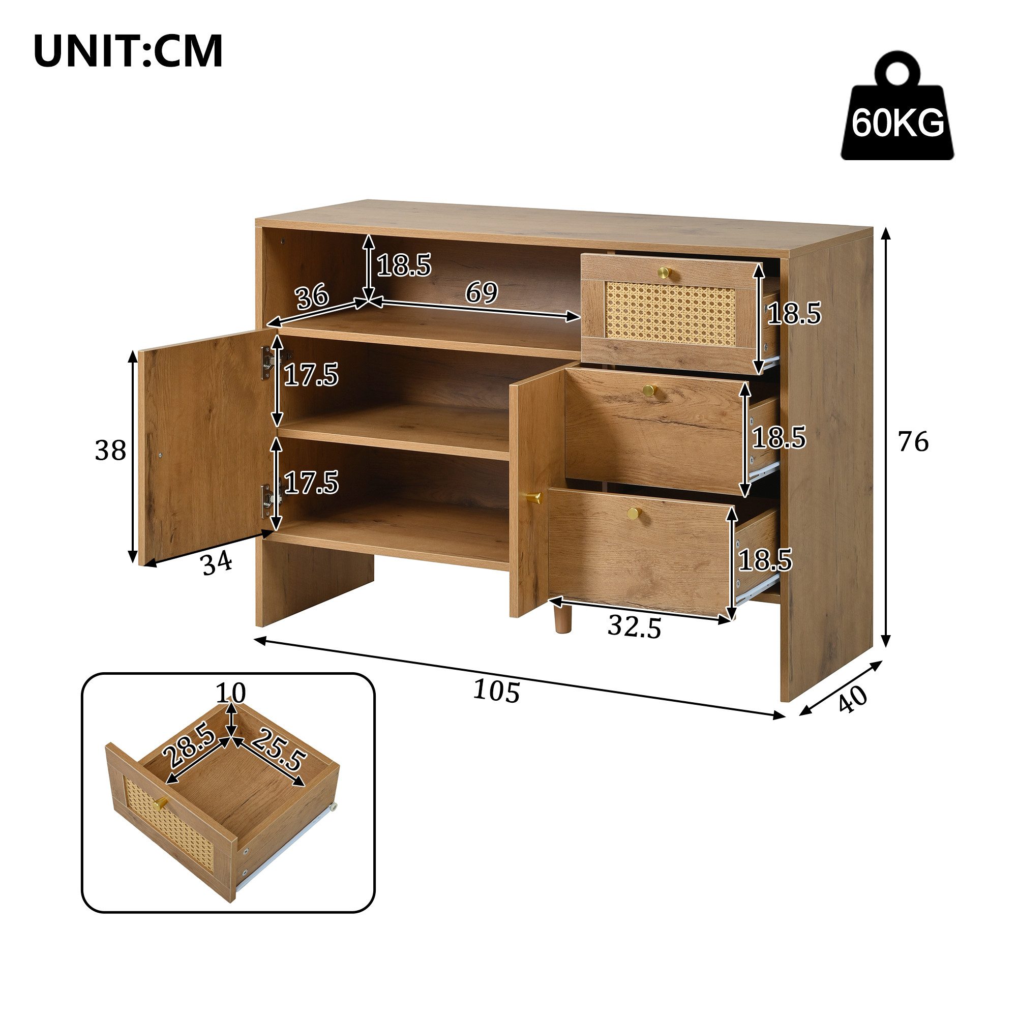 Celya Sideboard Küchenschrank, Buffetschrank mit 2 Türen und 3 Schubladen (Schubladenschrank mit Rattan und Goldgriffen, 105 x 40 x 76 cm), ideal für Wohn-, Ess- oder Küchenbereiche