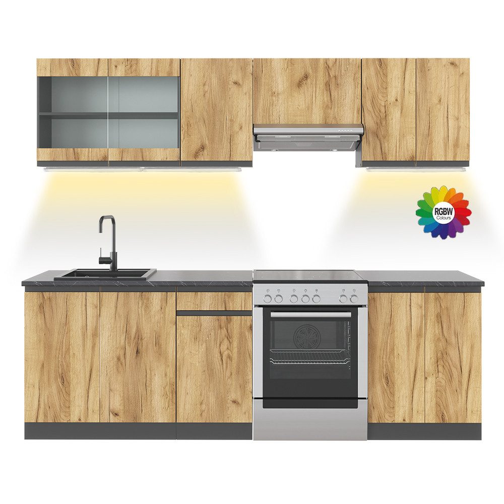 Vicco Küchenzeile Raul, Goldkraft Eiche/Anthrazit, 240 cm J-Shape, ohne Arbeitsplatte...