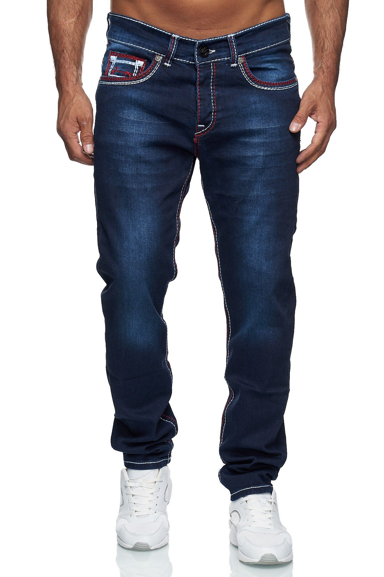Herren Baxboy Denim 20897-3 Neon-Naht Jeans Regular-fit-Jeans Stonewashed Fit Rot Straight Dicke Stretch