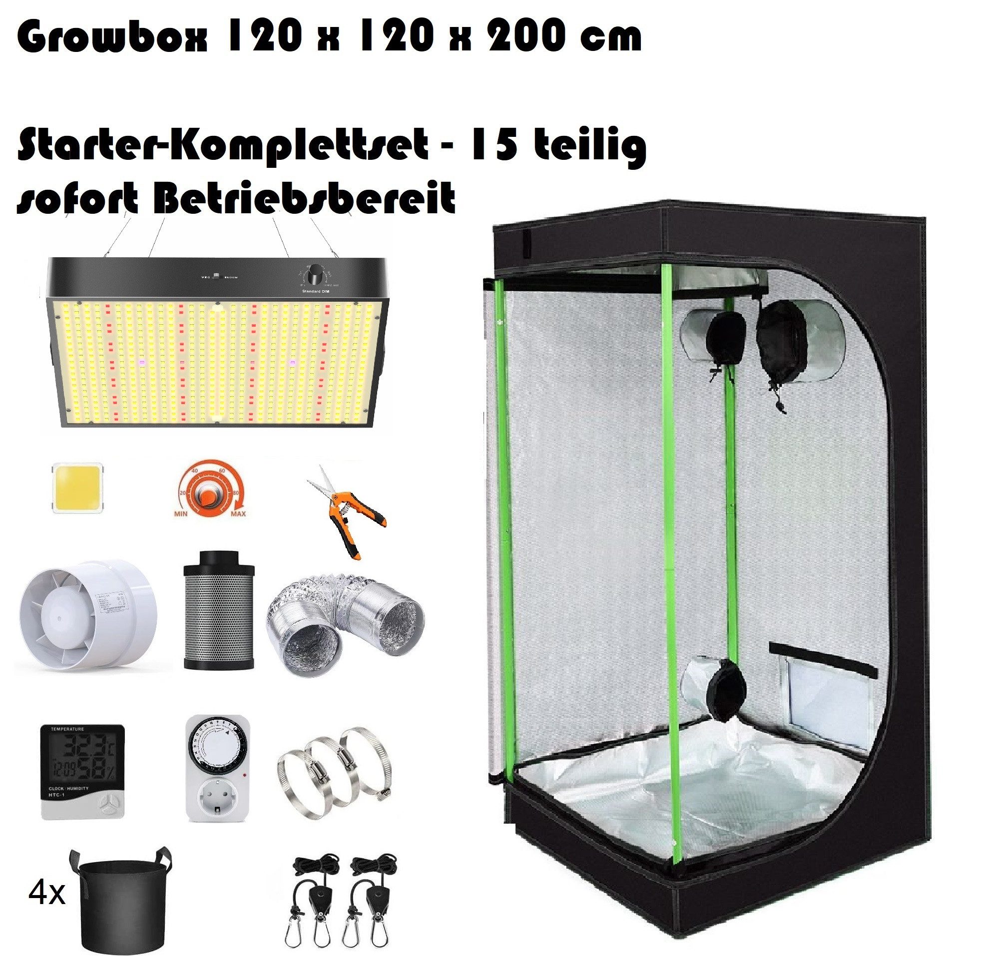 JUNG Gewächshaus Growbox Komplettset Anzuchtset mit Zuchtzelt LED Lampe, Anbau Pflanzen, BxTxH: 120 x 120 x 200,00 cm, Growbox, Gewächshaus Komplett Set mit Abluft Cannabis Set Box Pflanze, Growzelt, Grow Box Zelt, Pflanzenlampe Pflanzen Anbau Zelt, Anzuchtset, mit Belüftung Gewächszelt Starterpaket sofort einsatzbereit Anzucht