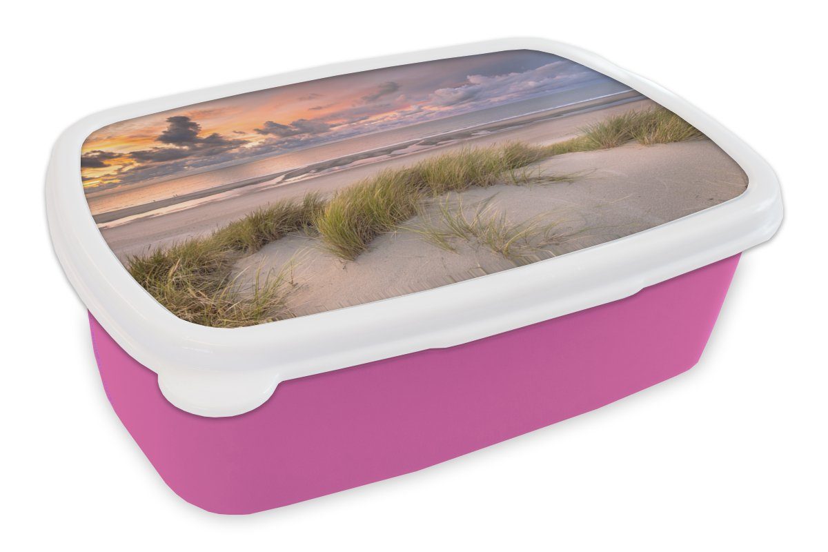 MuchoWow Lunchbox Sonnenuntergang - Düne - Strand - Pflanzen - Meer, Kunststoff, (2-tlg), Brotbox für Erwachsene, Brotdose Kinder, Snackbox, Mädchen, Kunststoff rosa