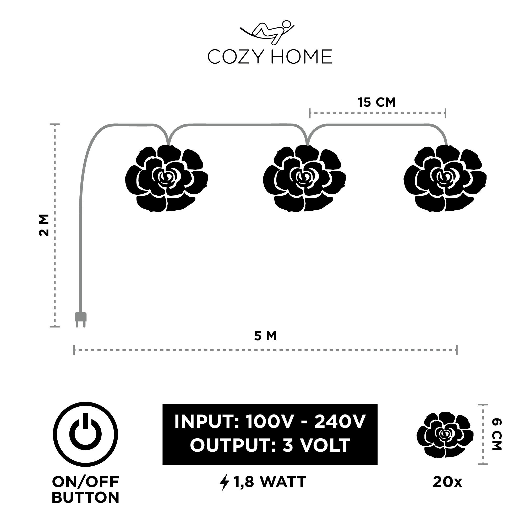 COZY HOME LED-Lichterkette Rosen Lichterkette Batterie & Stecker -, 5 Meter & 20 Blumen LED Warmweiß I Batterie&Stecker I Innenanwendung – Bild 4 von 5