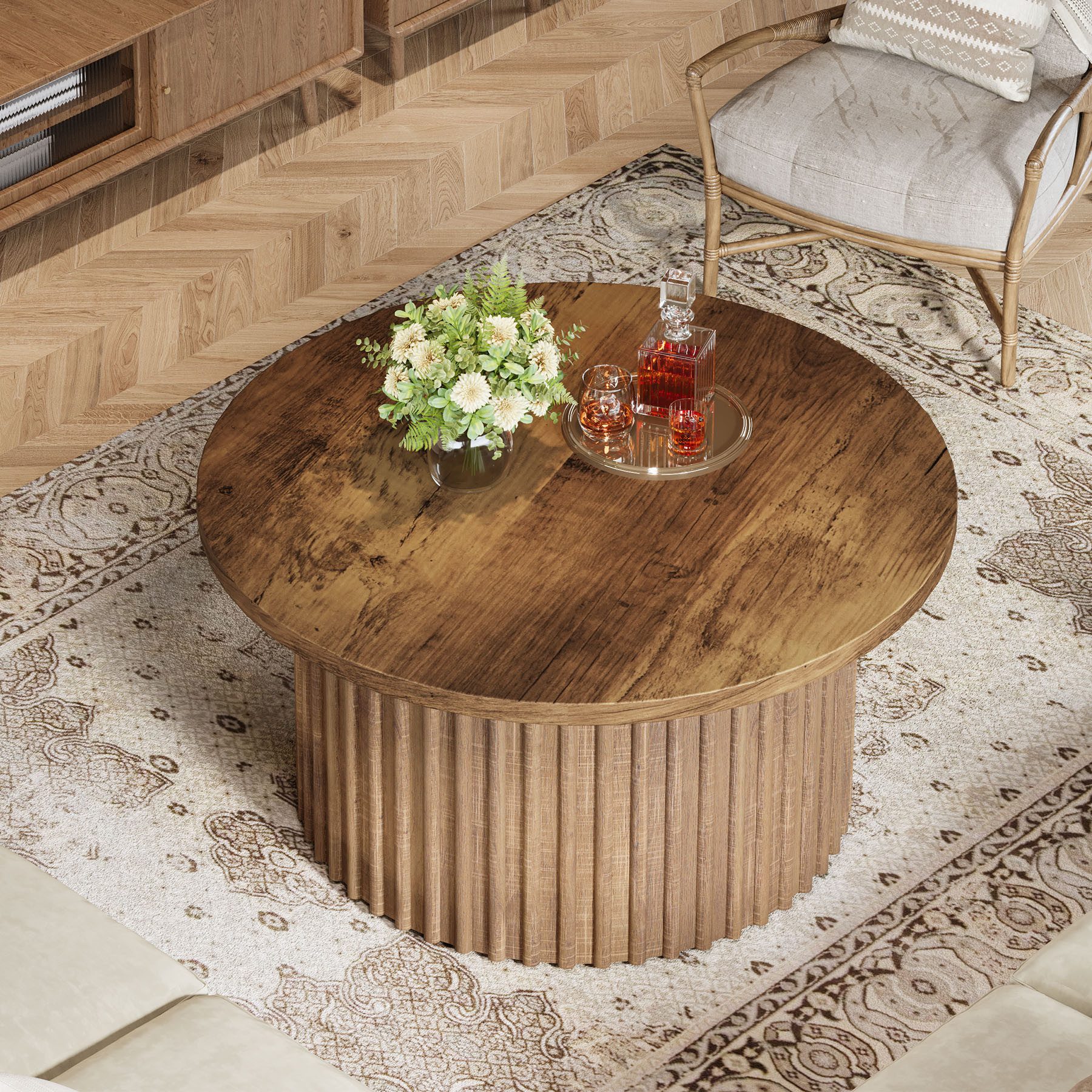 Tribesigns Couchtisch 80cm runder Beistelltisch mit Metallsockel, Holzakzent-Mitteltisch