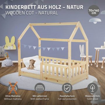 ML-DESIGN Kinderbett Hausbett mit Rausfallschutz, Dach und Lattenrost Massivholz, Bett 70x140 cm Natur aus massivem Kiefernholz für Mädchen Jungen